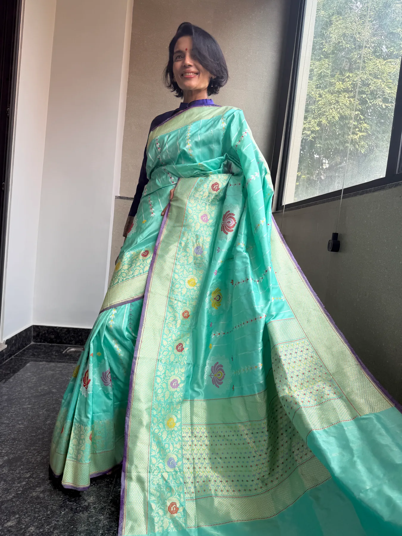 Aqua Blue Pure Katan Silk Chautera Meena Kaduwa Banarasi Saree — Banarasi, Pure Katan Silk, view 2