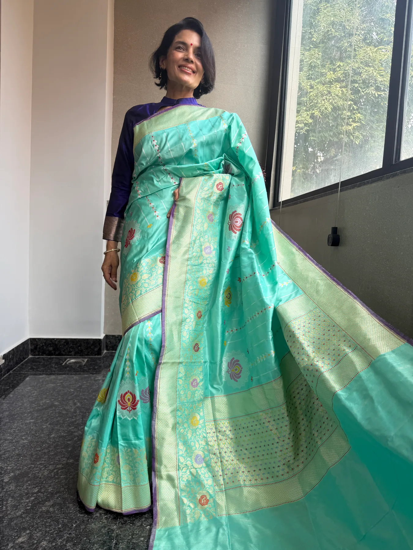 Aqua Blue Pure Katan Silk Chautera Meena Kaduwa Banarasi Saree — Banarasi, Pure Katan Silk