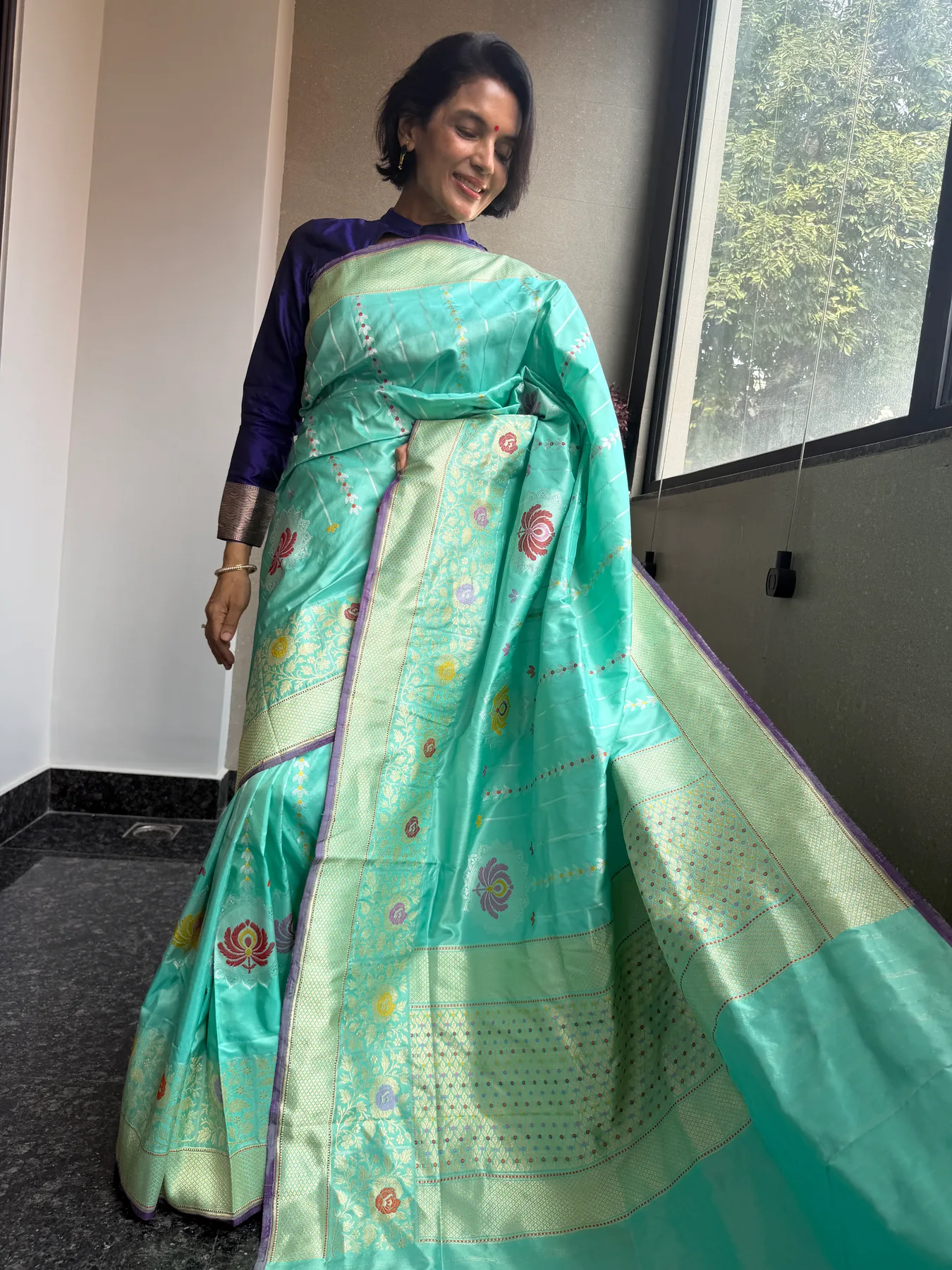 Aqua Blue Pure Katan Silk Chautera Meena Kaduwa Banarasi Saree — Banarasi, Pure Katan Silk, view 4