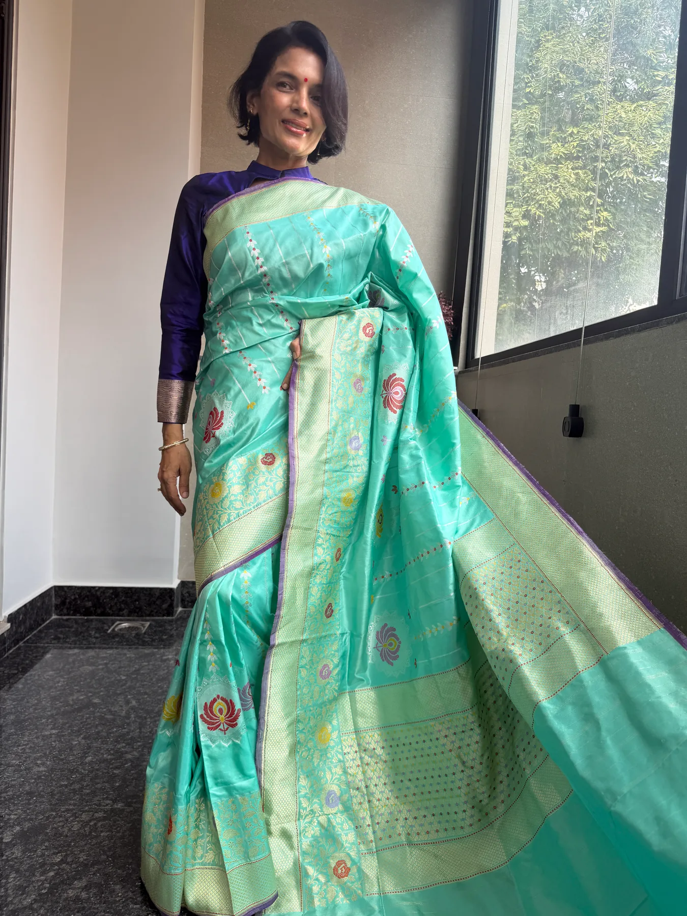 Aqua Blue Pure Katan Silk Chautera Meena Kaduwa Banarasi Saree — Banarasi, Pure Katan Silk, view 3