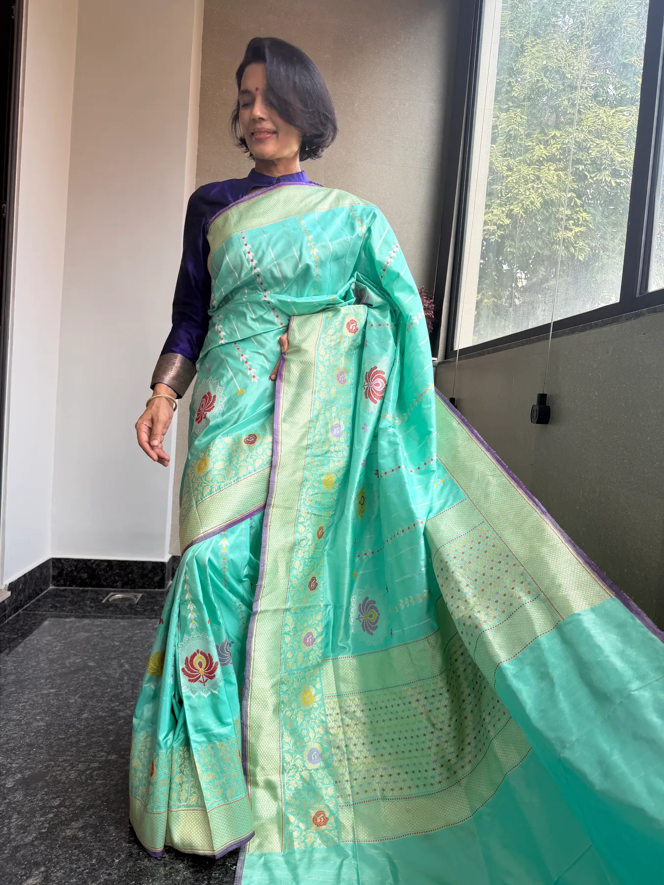 Aqua Blue Pure Katan Silk Chautera Meena Kaduwa Banarasi Saree — Banarasi, Pure Katan Silk, view 5