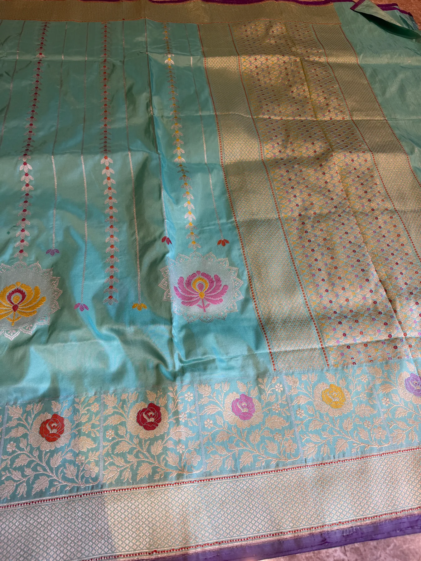 Aqua Blue Pure Katan Silk Chautera Meena Kaduwa Banarasi Saree — Banarasi, Pure Katan Silk, view 6