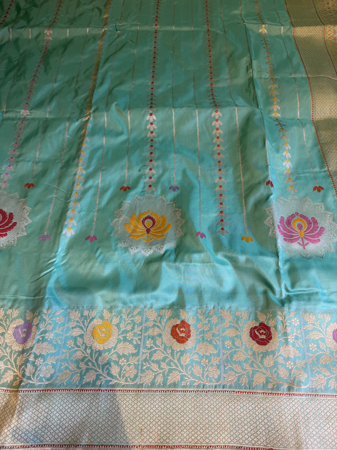 Aqua Blue Pure Katan Silk Chautera Meena Kaduwa Banarasi Saree — Banarasi, Pure Katan Silk, view 7