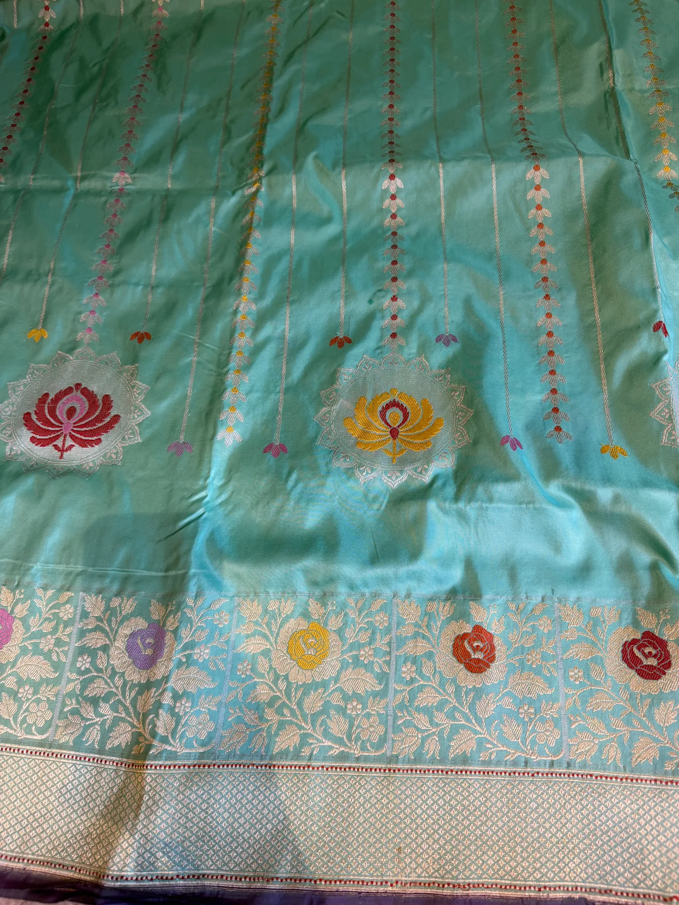 Aqua Blue Pure Katan Silk Chautera Meena Kaduwa Banarasi Saree — Banarasi, Pure Katan Silk, view 8