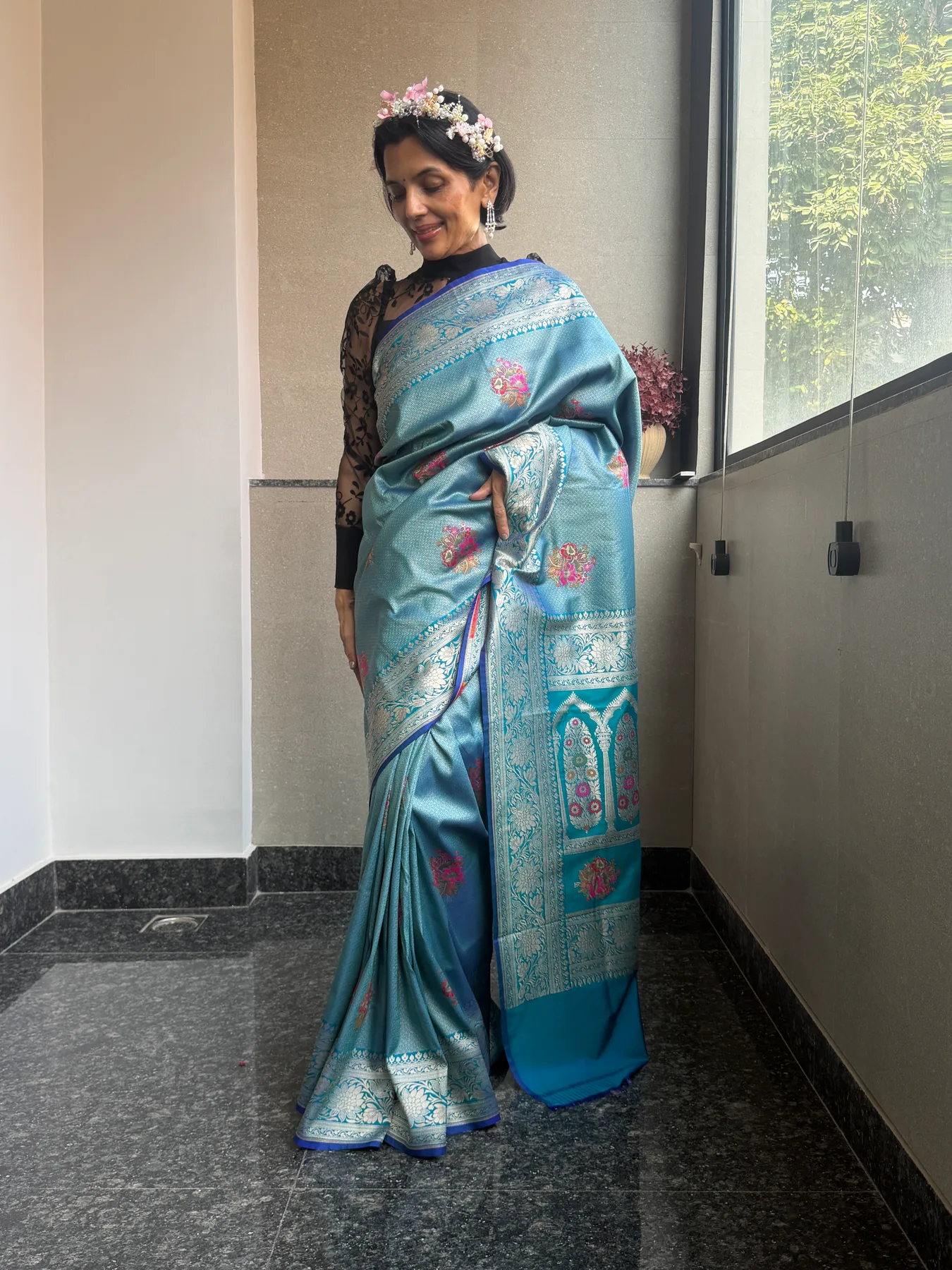 Aqua Blue Silk Zari Brocade Khimkhaab Floral Meena Banarasi Saree — Banarasi, Silk Zari Brocade, view 2
