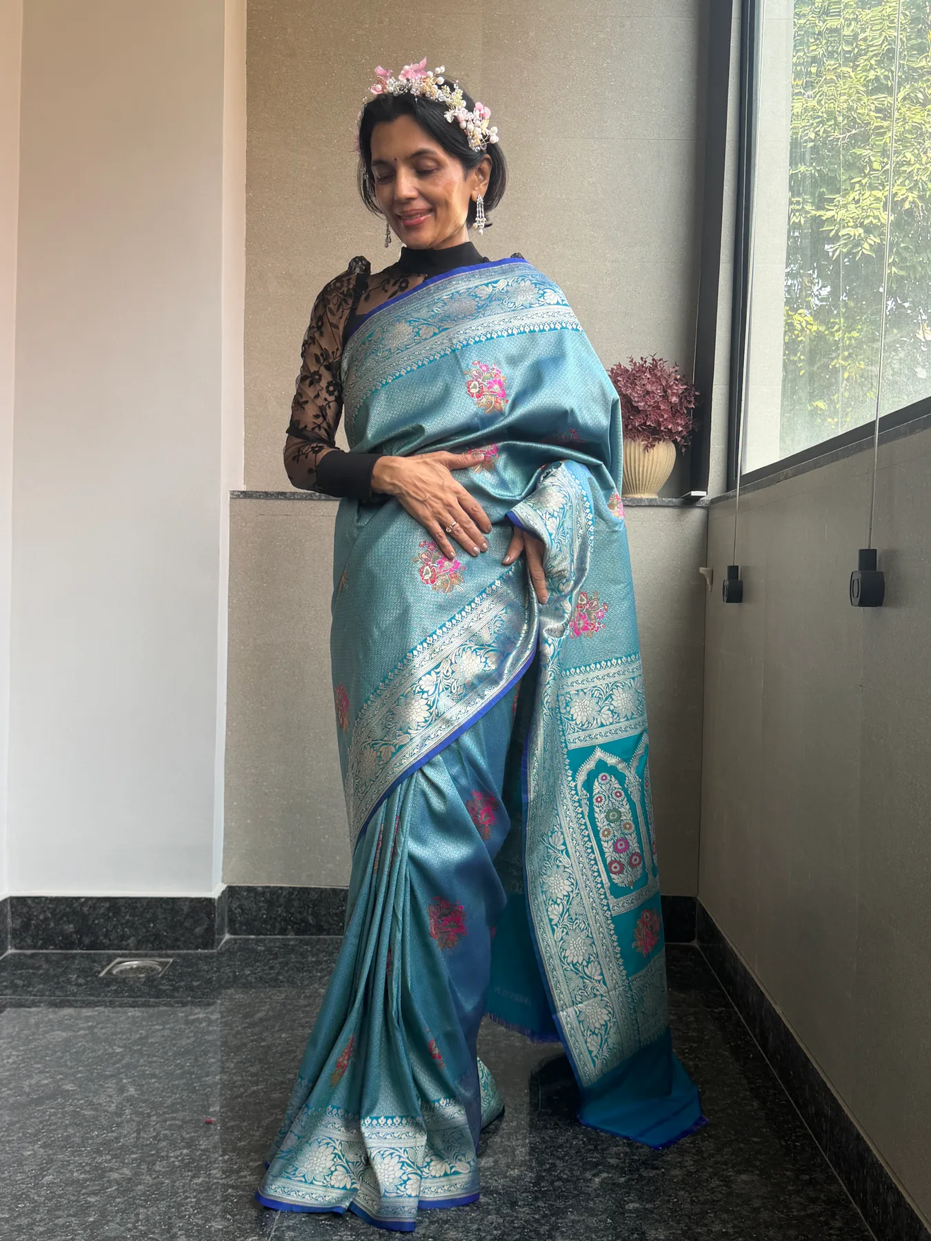 Aqua Blue Silk Zari Brocade Khimkhaab Floral Meena Banarasi Saree — Banarasi, Silk Zari Brocade