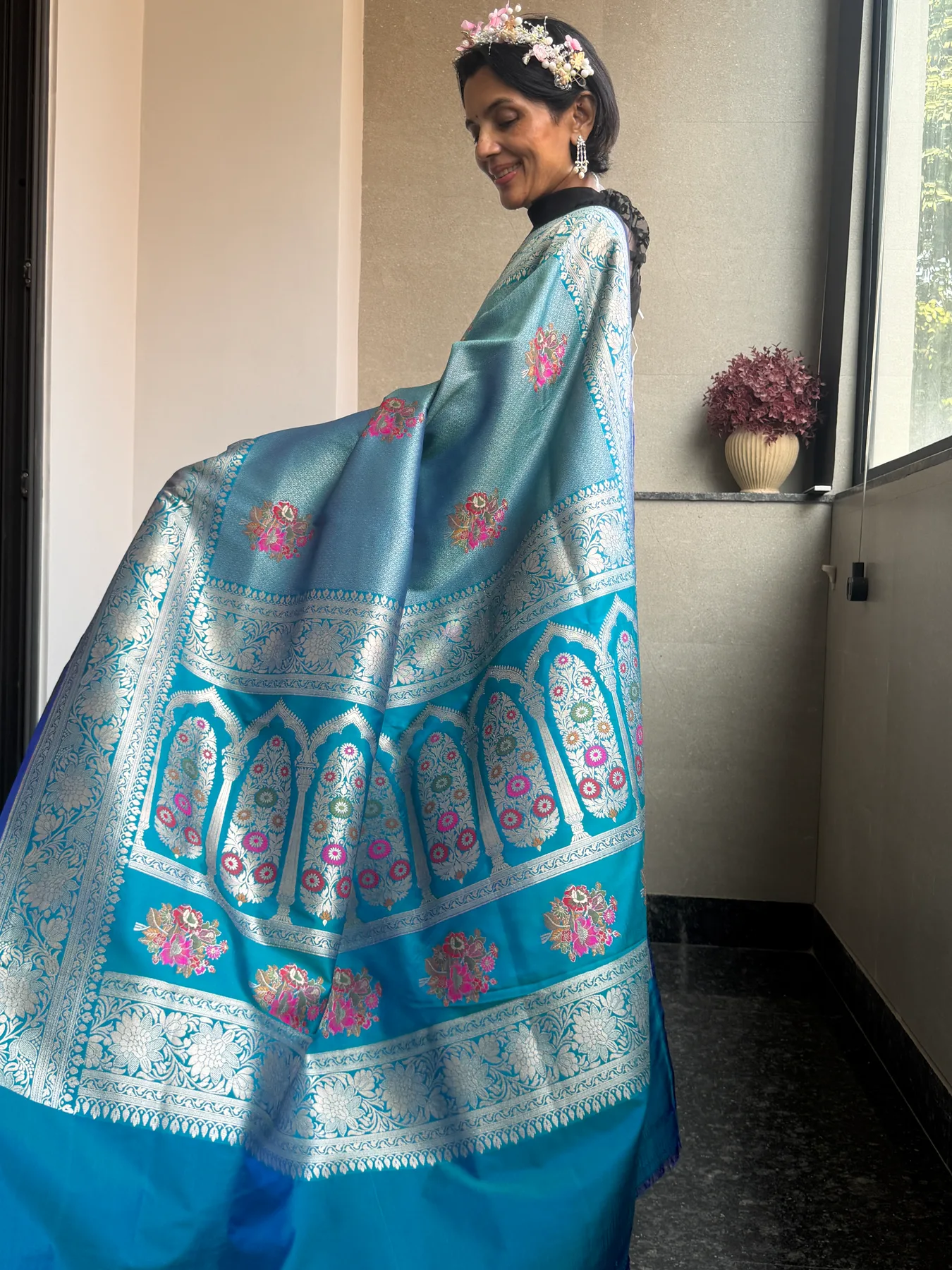 Aqua Blue Silk Zari Brocade Khimkhaab Floral Meena Banarasi Saree — Banarasi, Silk Zari Brocade, view 5