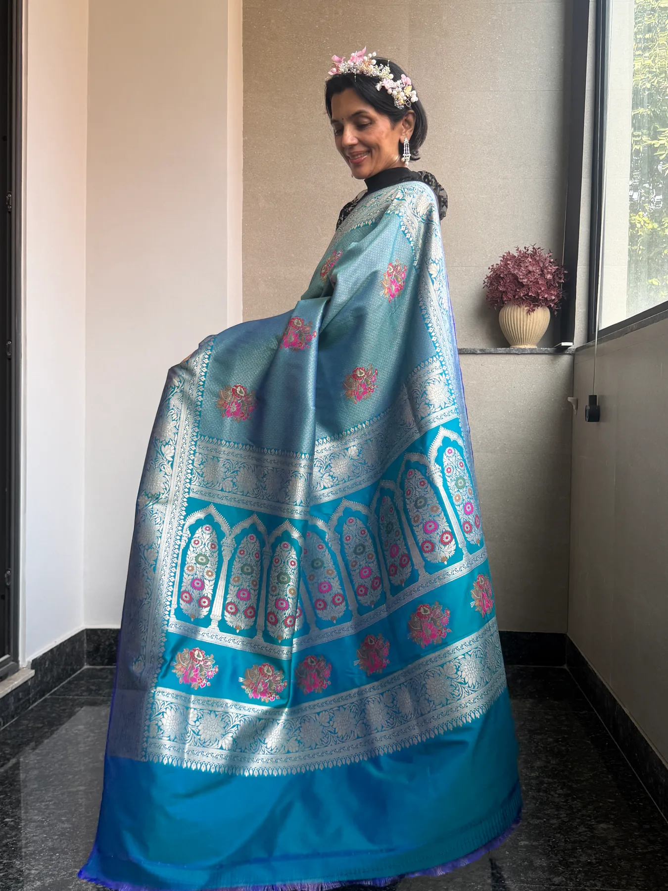 Aqua Blue Silk Zari Brocade Khimkhaab Floral Meena Banarasi Saree — Banarasi, Silk Zari Brocade, view 6