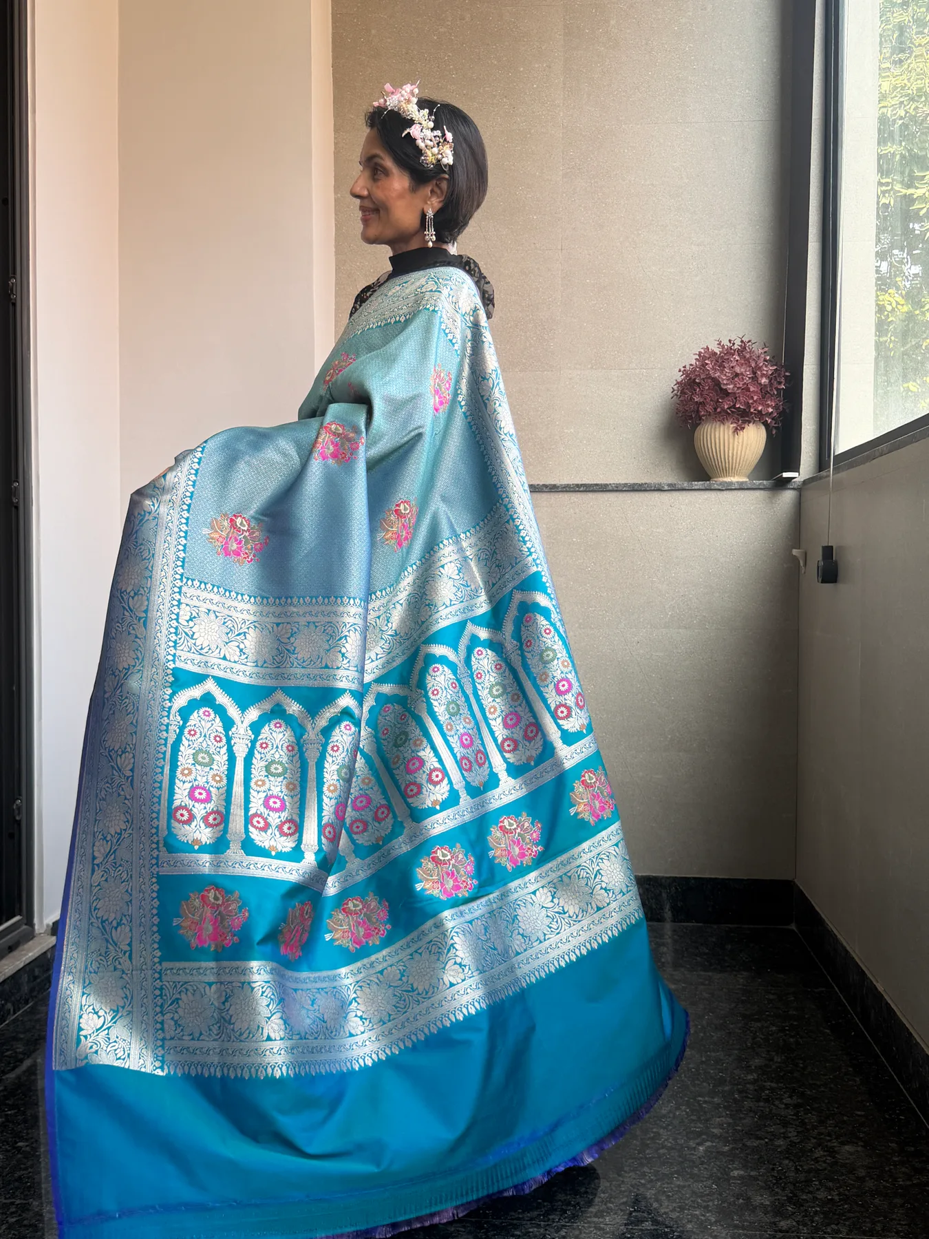 Aqua Blue Silk Zari Brocade Khimkhaab Floral Meena Banarasi Saree — Banarasi, Silk Zari Brocade, view 7