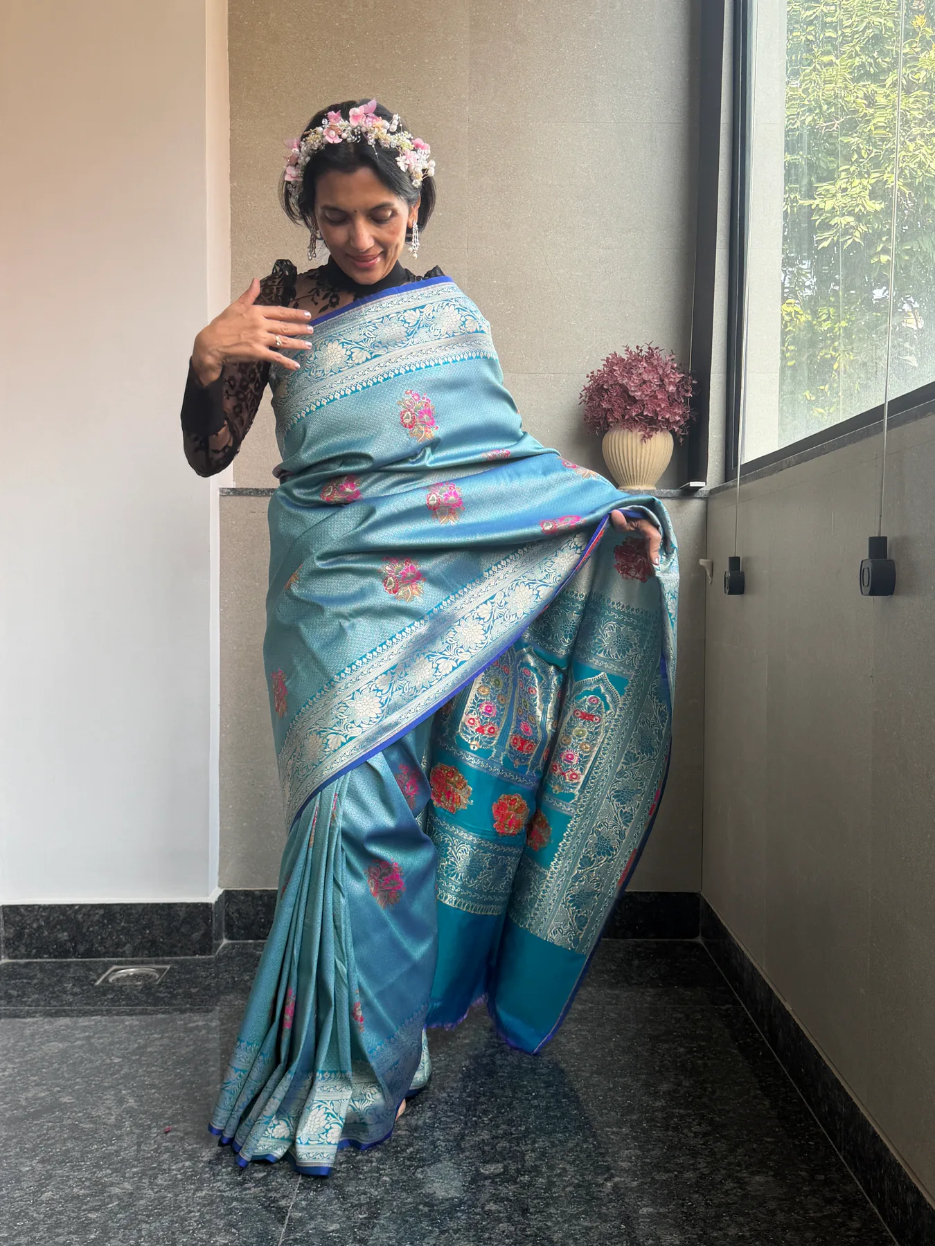 Aqua Blue Silk Zari Brocade Khimkhaab Floral Meena Banarasi Saree — Banarasi, Silk Zari Brocade, view 4