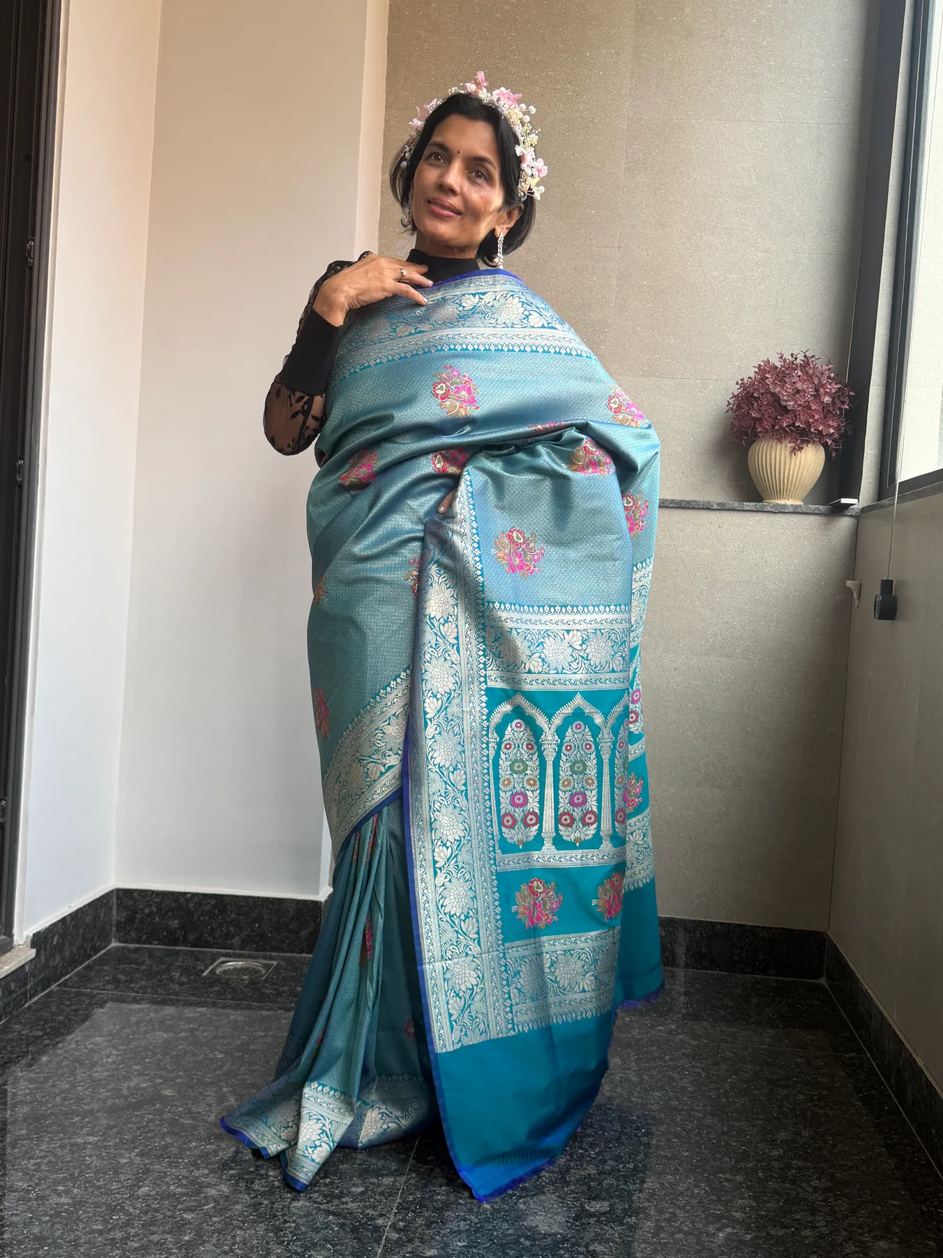 Aqua Blue Silk Zari Brocade Khimkhaab Floral Meena Banarasi Saree — Banarasi, Silk Zari Brocade, view 3