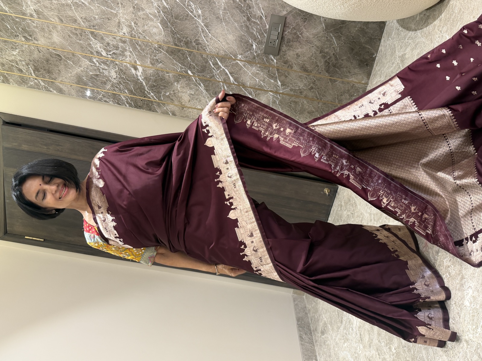 Aubergine Mushroo Silk Checkered Banarasi Saree — Kashi Assi 80 Ghat — Banarasi, Mushroo Silk, Varanasi, Uttar Pradesh