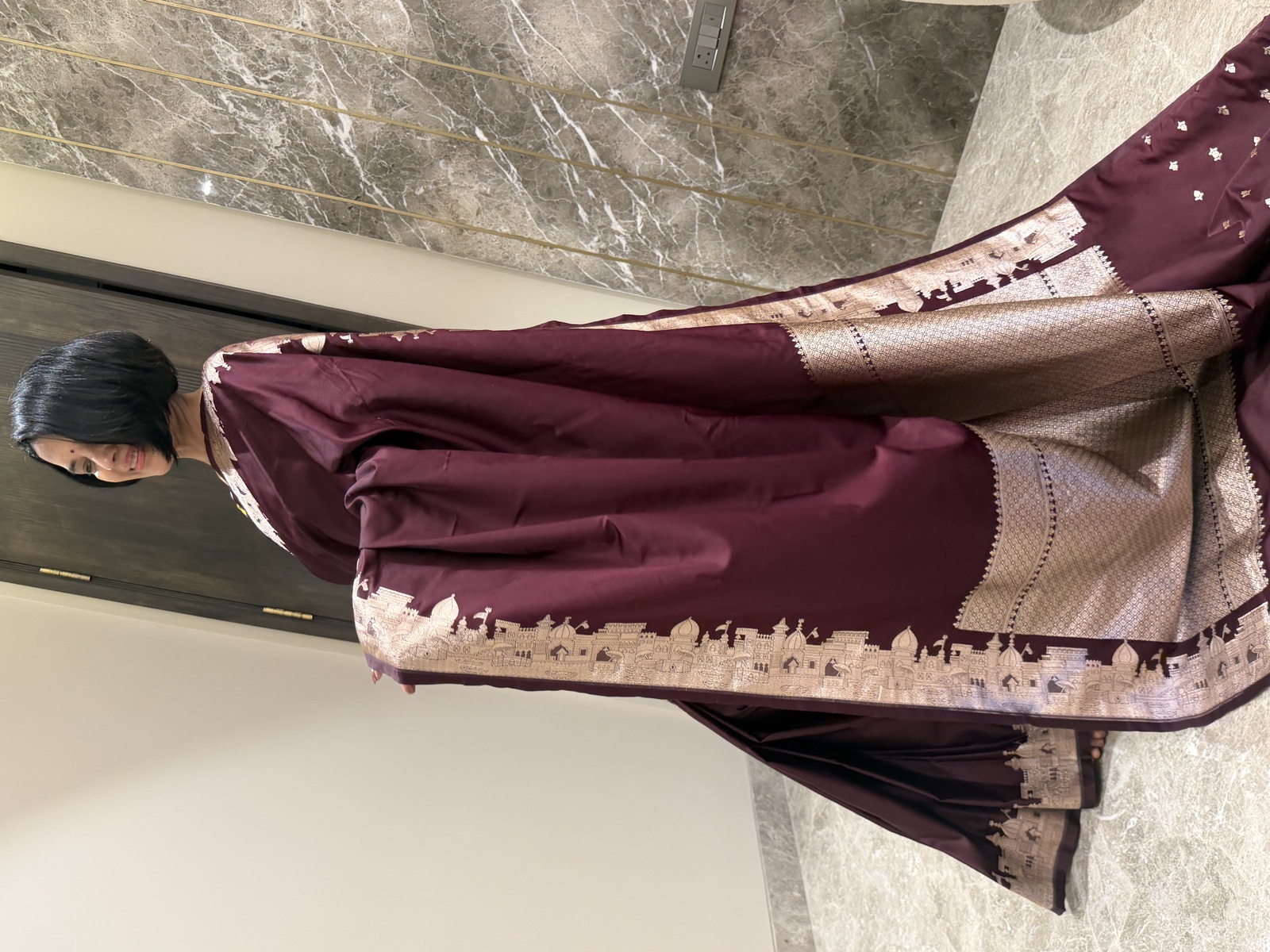 Aubergine Mushroo Silk Checkered Banarasi Saree — Kashi Assi 80 Ghat — Banarasi, Mushroo Silk, Varanasi, Uttar Pradesh, view 2