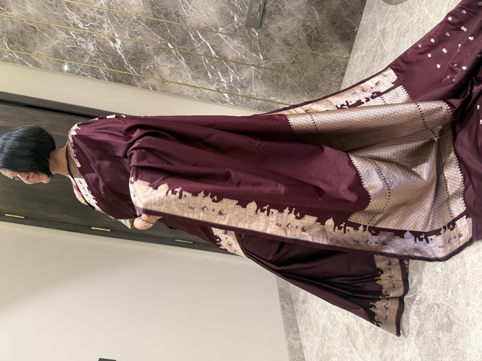Aubergine Mushroo Silk Checkered Banarasi Saree — Kashi Assi 80 Ghat — Banarasi, Mushroo Silk, Varanasi, Uttar Pradesh, view 3