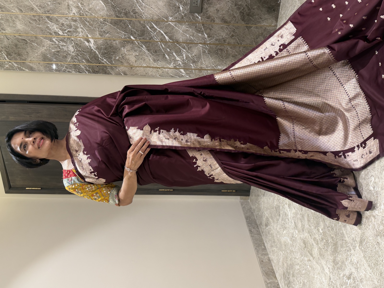 Aubergine Mushroo Silk Checkered Banarasi Saree — Kashi Assi 80 Ghat — Banarasi, Mushroo Silk, Varanasi, Uttar Pradesh, view 5