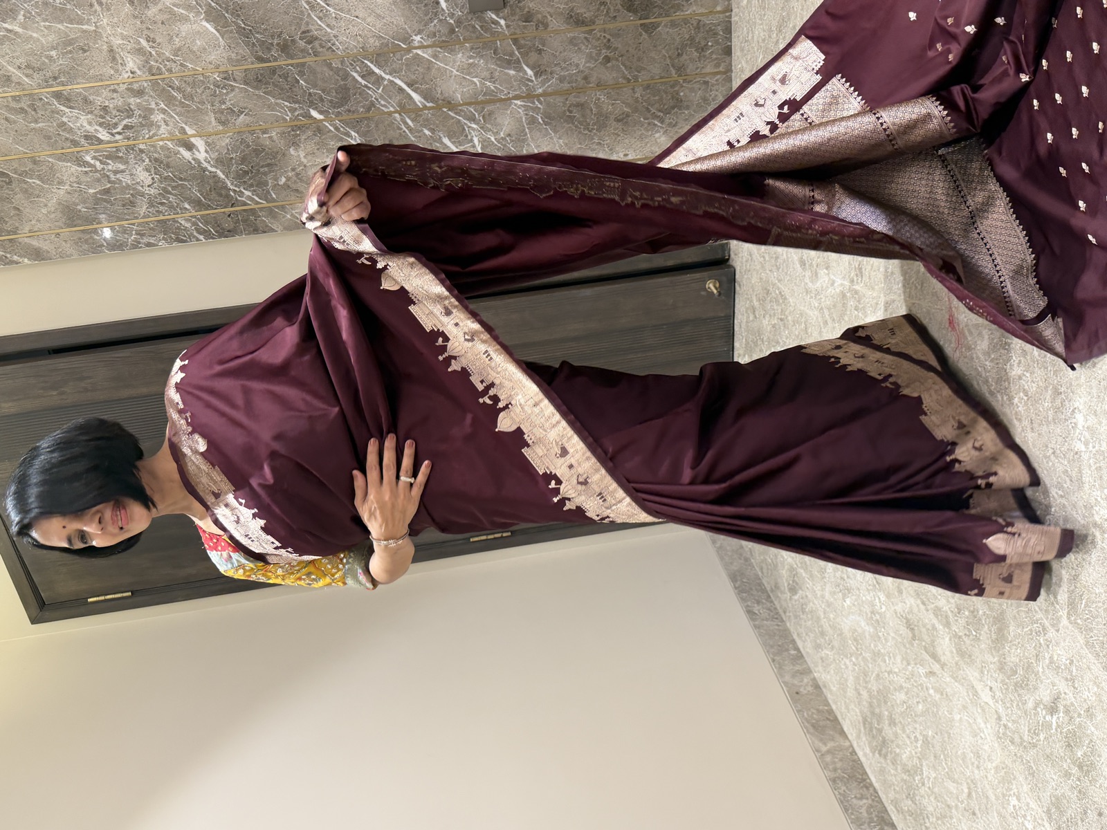 Aubergine Mushroo Silk Checkered Banarasi Saree — Kashi Assi 80 Ghat — Banarasi, Mushroo Silk, Varanasi, Uttar Pradesh, view 6
