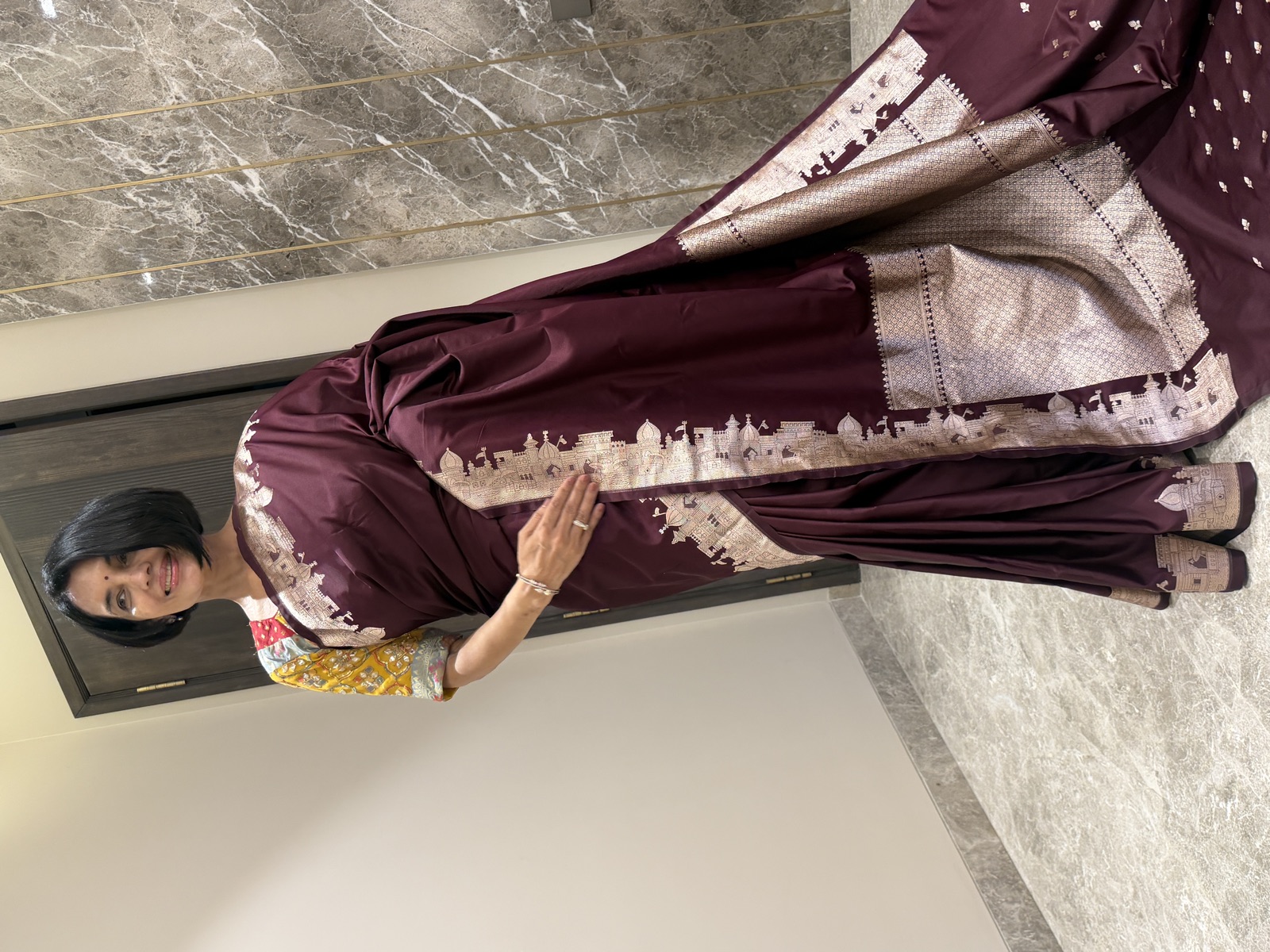 Aubergine Mushroo Silk Checkered Banarasi Saree — Kashi Assi 80 Ghat — Banarasi, Mushroo Silk, Varanasi, Uttar Pradesh, view 7