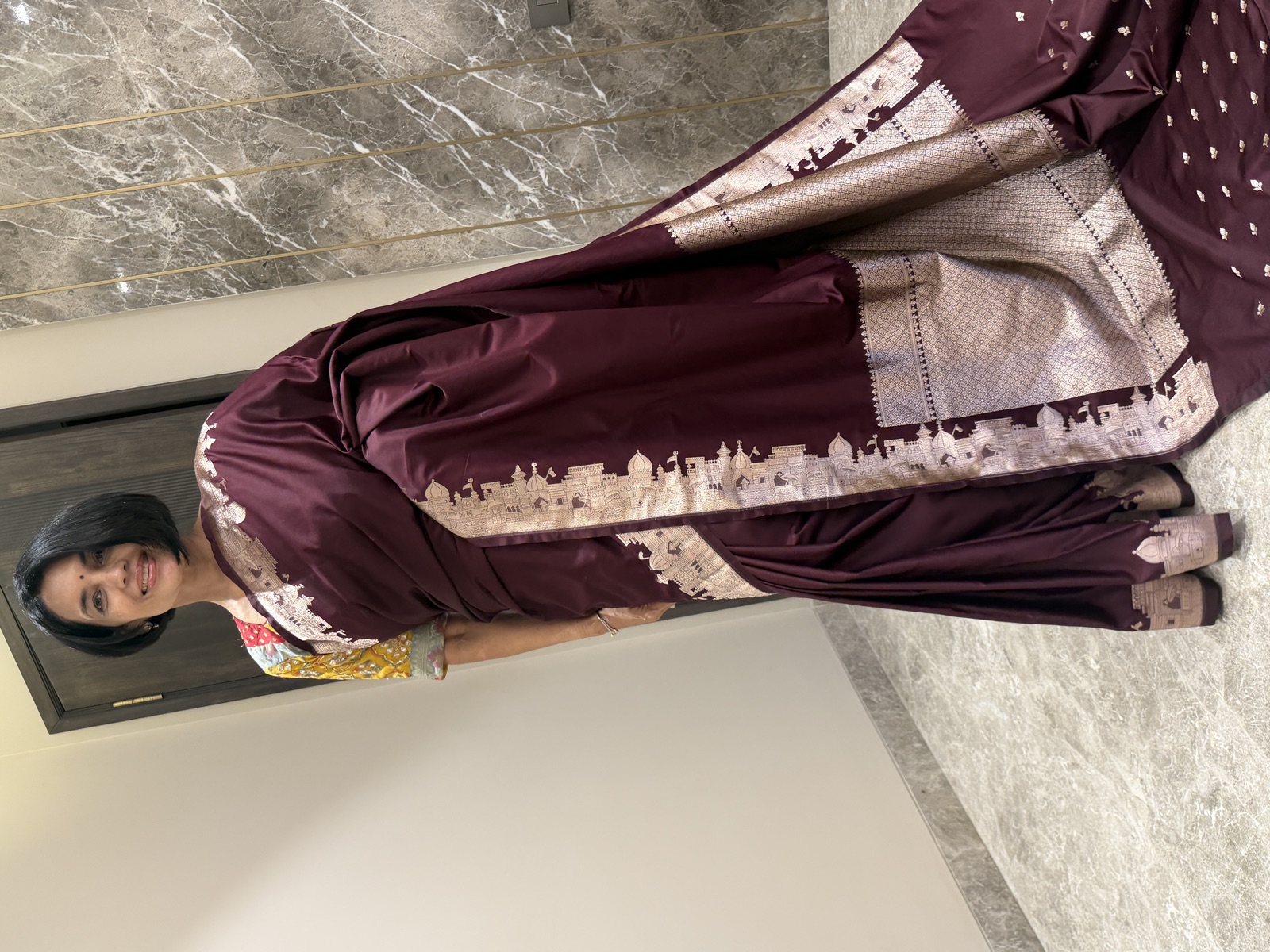 Aubergine Mushroo Silk Checkered Banarasi Saree — Kashi Assi 80 Ghat — Banarasi, Mushroo Silk, Varanasi, Uttar Pradesh, view 8