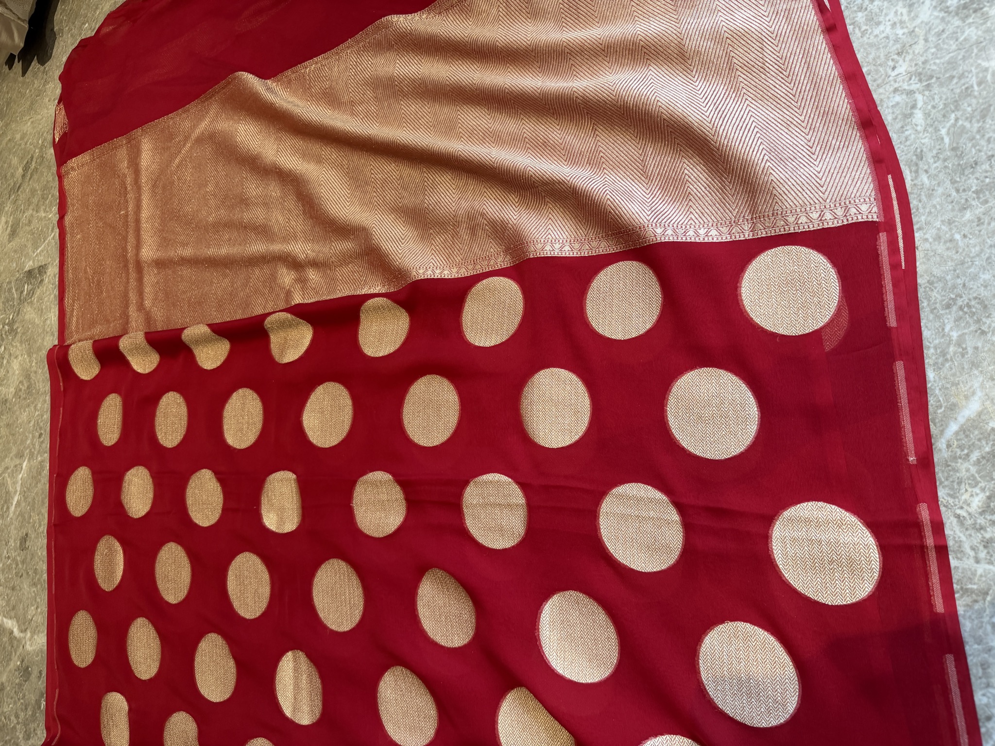 Red Khaddi Georgette Banarasi Saree with Zari Polka Dots — Banarasi, Khaddi Georgette, Varanasi, Uttar Pradesh, view 7