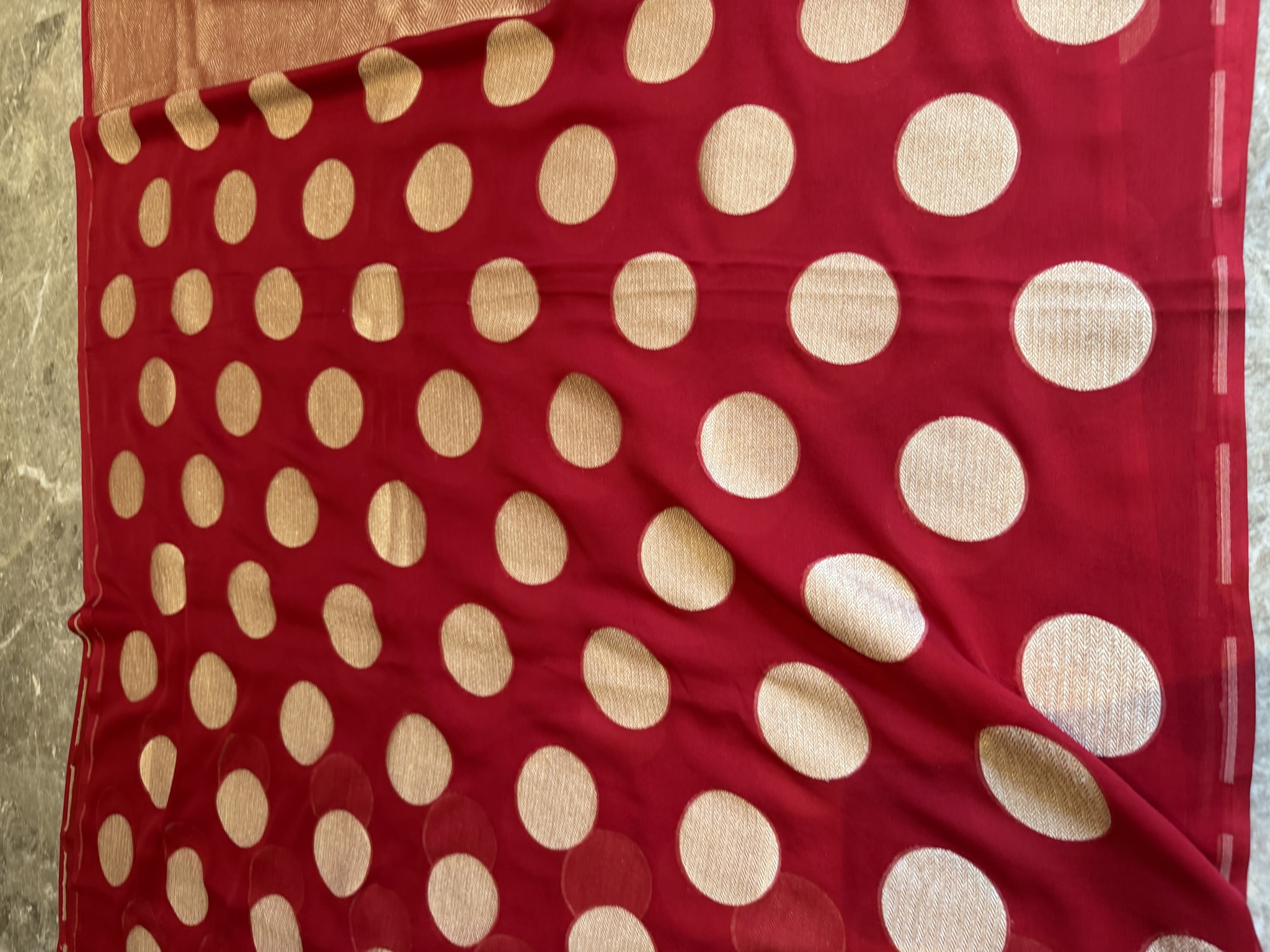 Red Khaddi Georgette Banarasi Saree with Zari Polka Dots — Banarasi, Khaddi Georgette, Varanasi, Uttar Pradesh, view 8