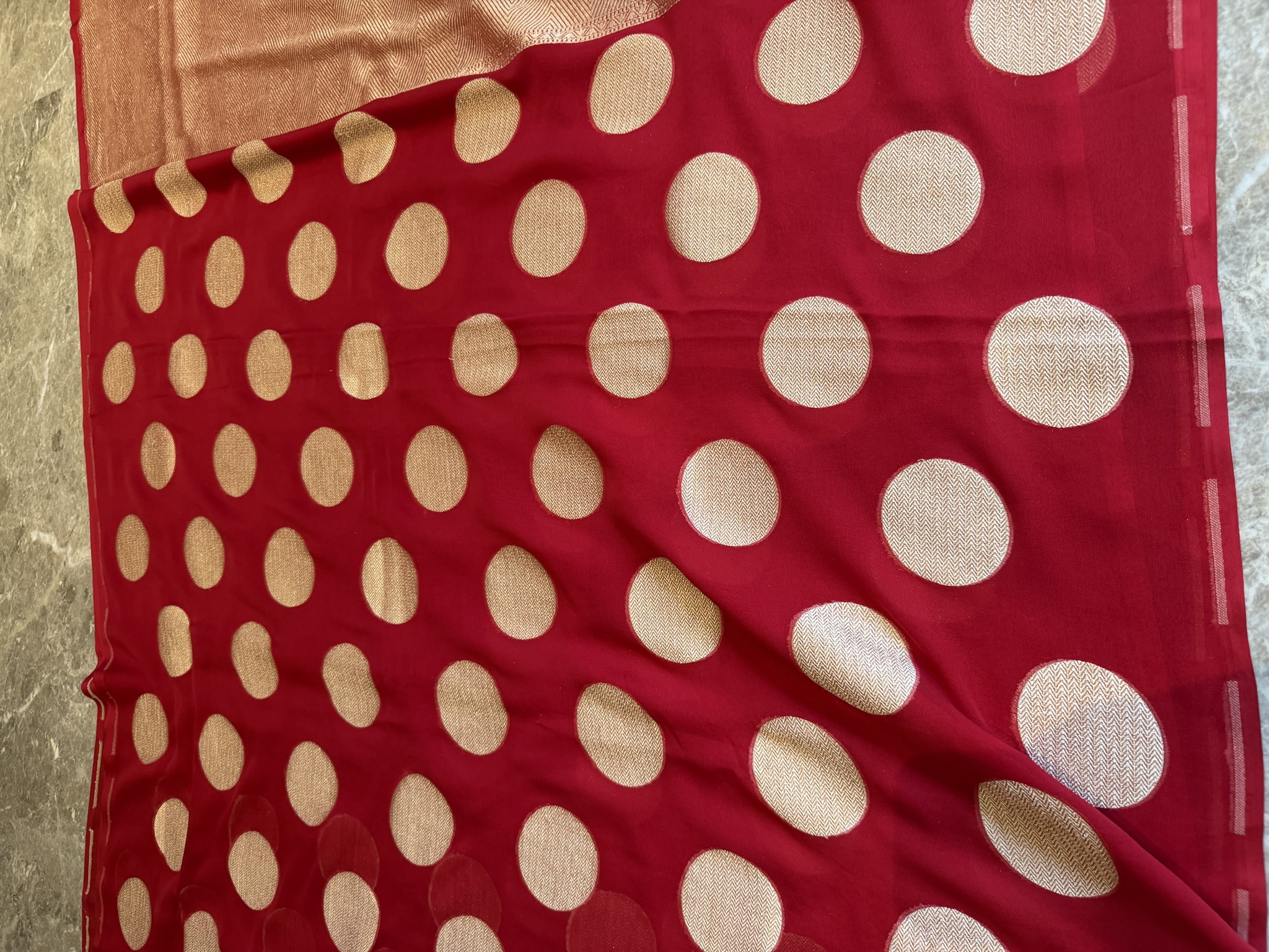 Red Khaddi Georgette Banarasi Saree with Zari Polka Dots — Banarasi, Khaddi Georgette, Varanasi, Uttar Pradesh, view 10