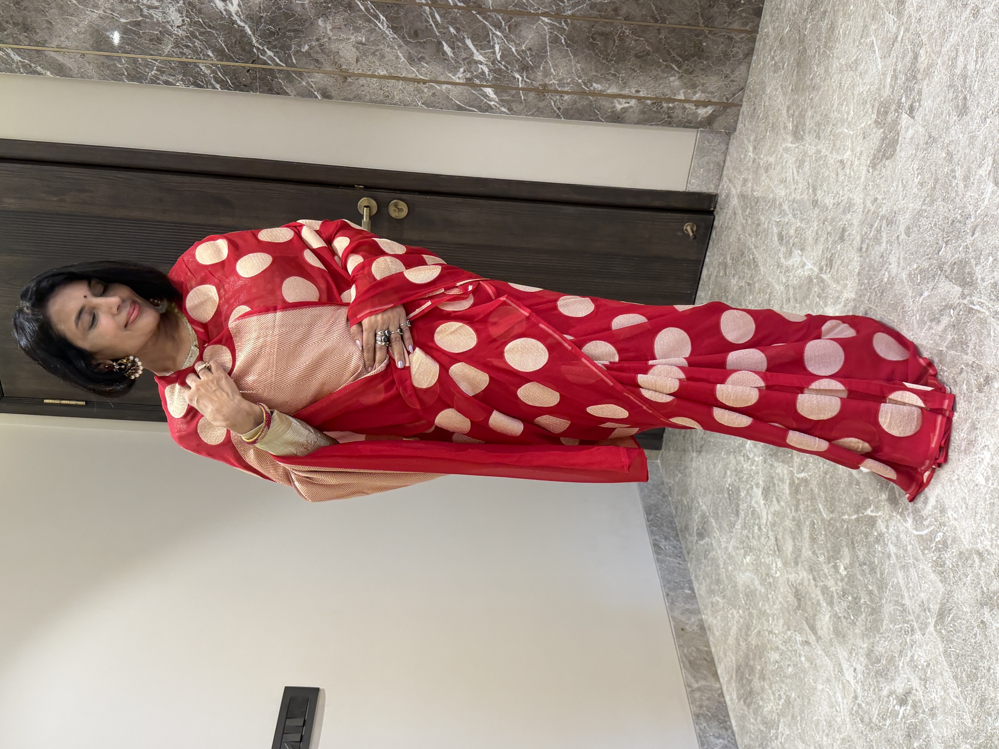 Red Khaddi Georgette Banarasi Saree with Zari Polka Dots — Banarasi, Khaddi Georgette, Varanasi, Uttar Pradesh, view 6