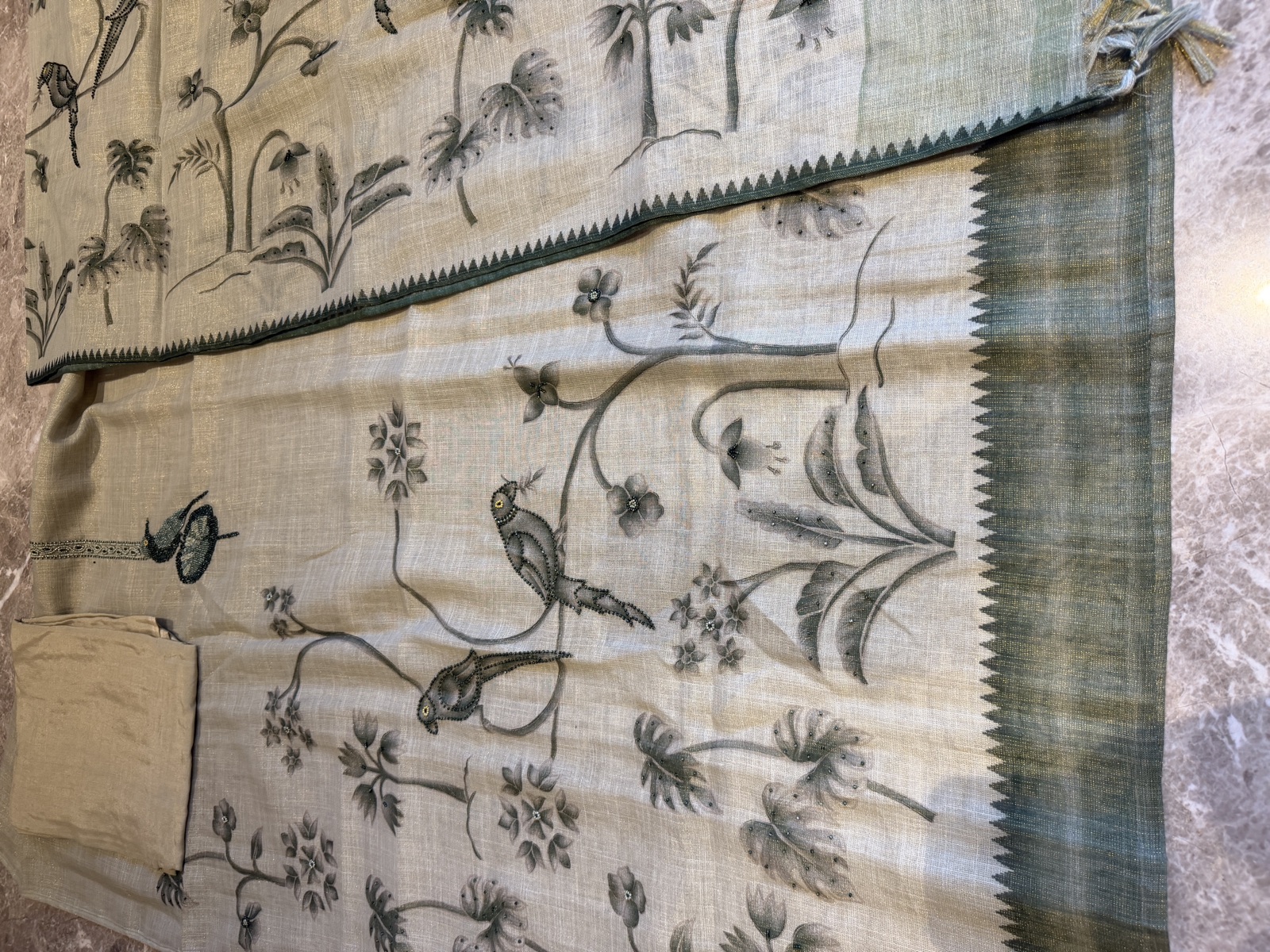 Beige Linen Hand-Painted Unstitched Suit Set with Beadwork and Zari — Linen, India