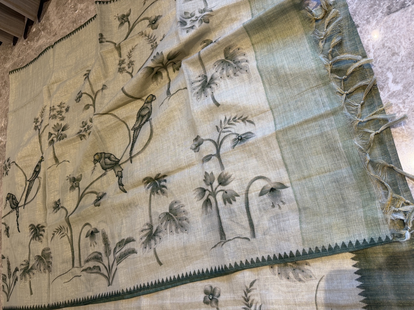 Beige Linen Hand-Painted Unstitched Suit Set with Beadwork and Zari — Linen, India, view 2