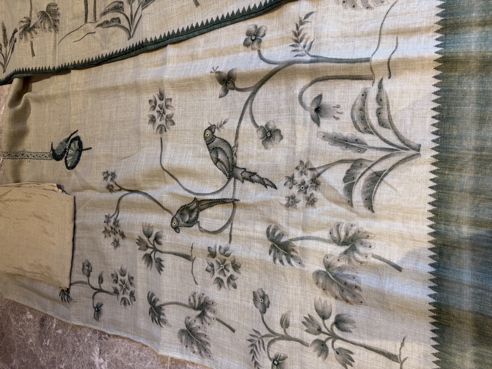 Beige Linen Hand-Painted Unstitched Suit Set with Beadwork and Zari — Linen, India, view 3