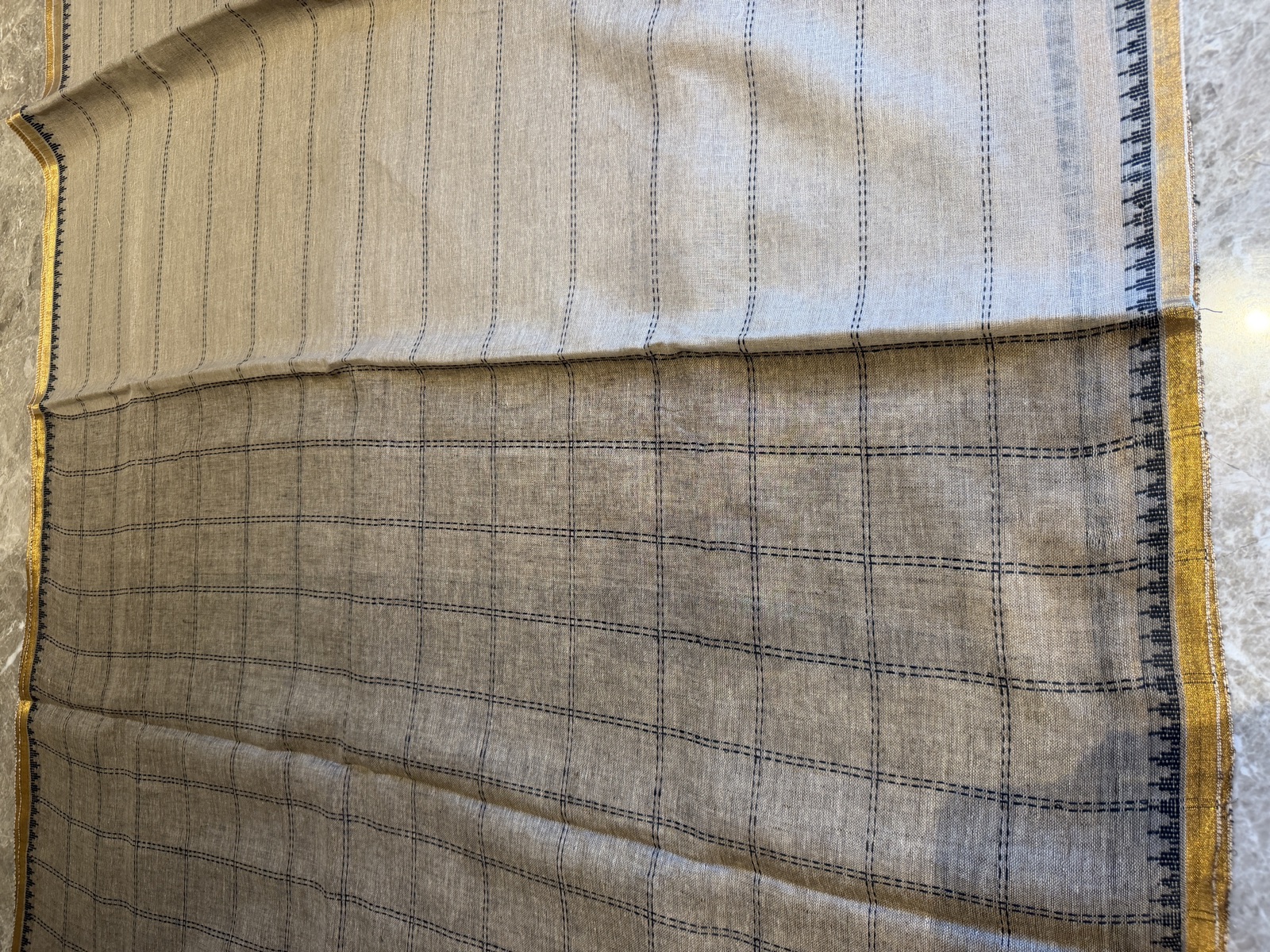 Beige Linen Banarasi Saree with Windowpane Check — Banarasi, Linen, Varanasi, Uttar Pradesh, view 6