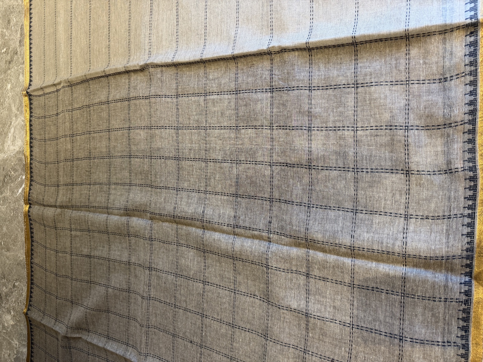 Beige Linen Banarasi Saree with Windowpane Check — Banarasi, Linen, Varanasi, Uttar Pradesh, view 5