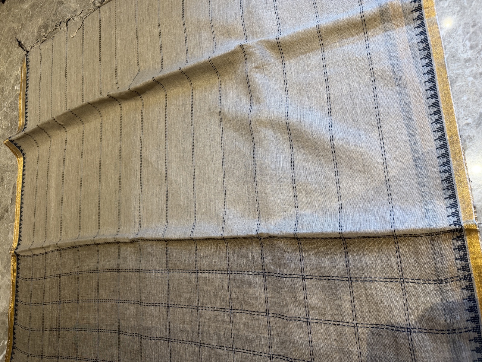 Beige Linen Banarasi Saree with Windowpane Check — Banarasi, Linen, Varanasi, Uttar Pradesh, view 7