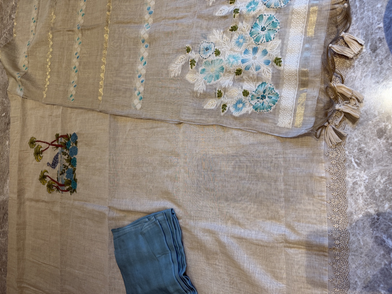 Beige Linen Hand-Painted Suit Set with Turquoise Beadwork and Zari — Linen, India