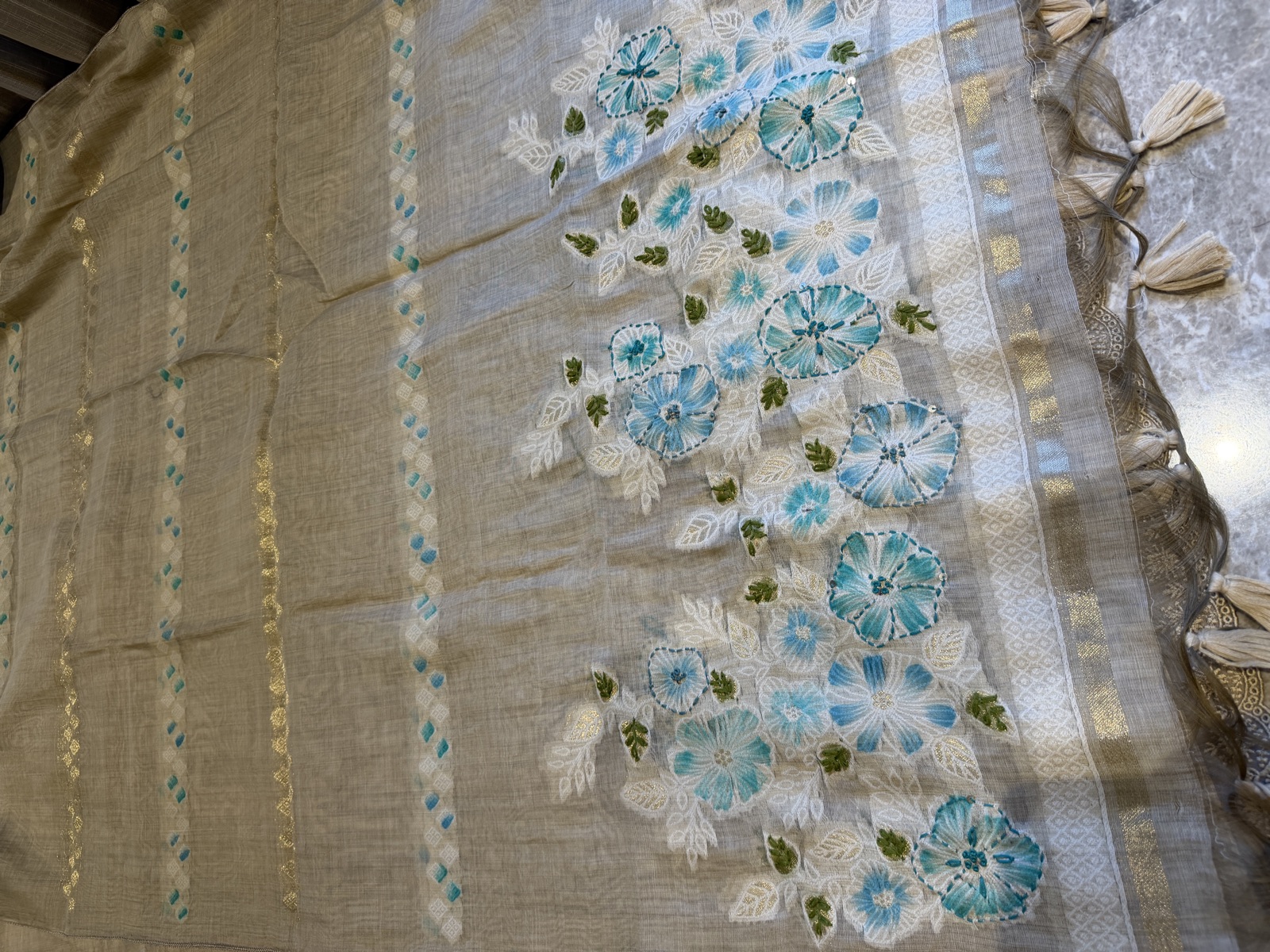 Beige Linen Hand-Painted Suit Set with Turquoise Beadwork and Zari — Linen, India, view 2