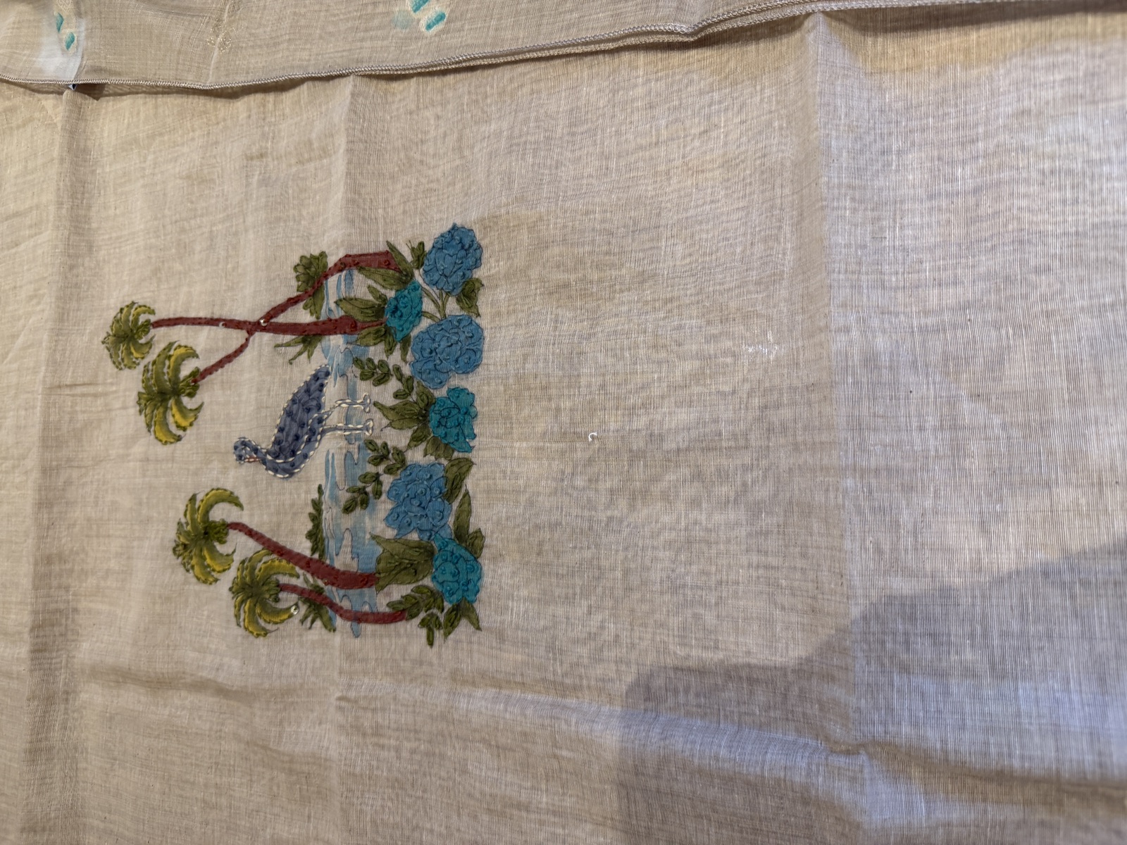 Beige Linen Hand-Painted Suit Set with Turquoise Beadwork and Zari — Linen, India, view 3