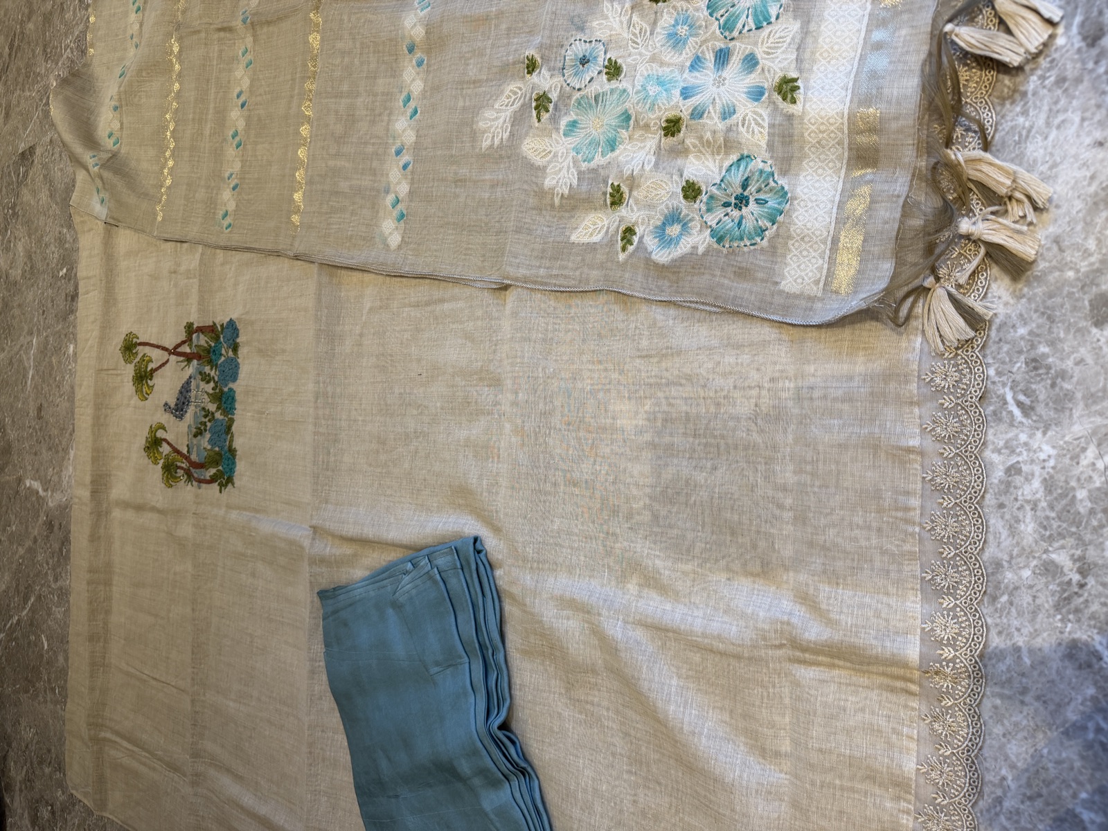 Beige Linen Hand-Painted Suit Set with Turquoise Beadwork and Zari — Linen, India, view 4