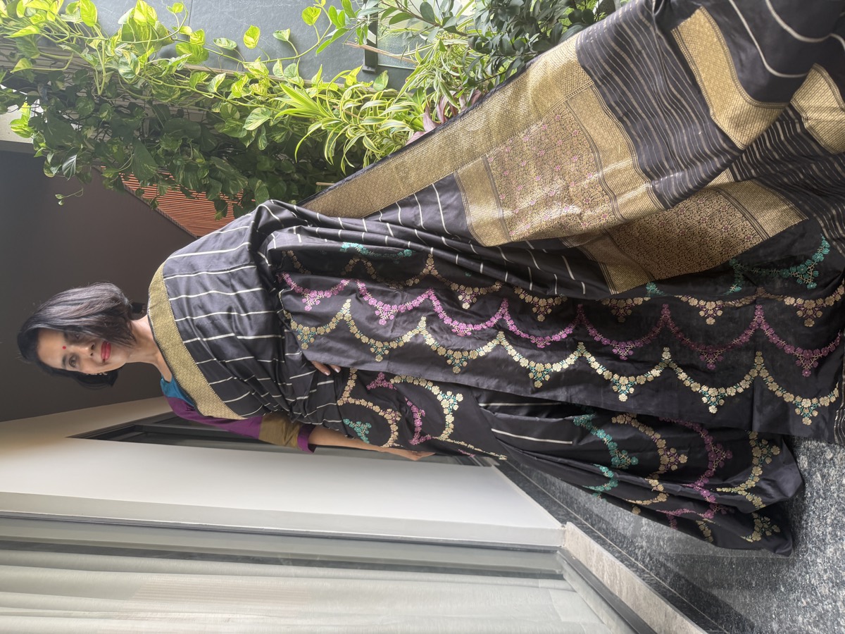 Black Ektara Katan Silk Kaduwa Banarasi Saree with Scallop Necklace Border — Banarasi, Ektara Katan Silk, Varanasi, Uttar Pradesh