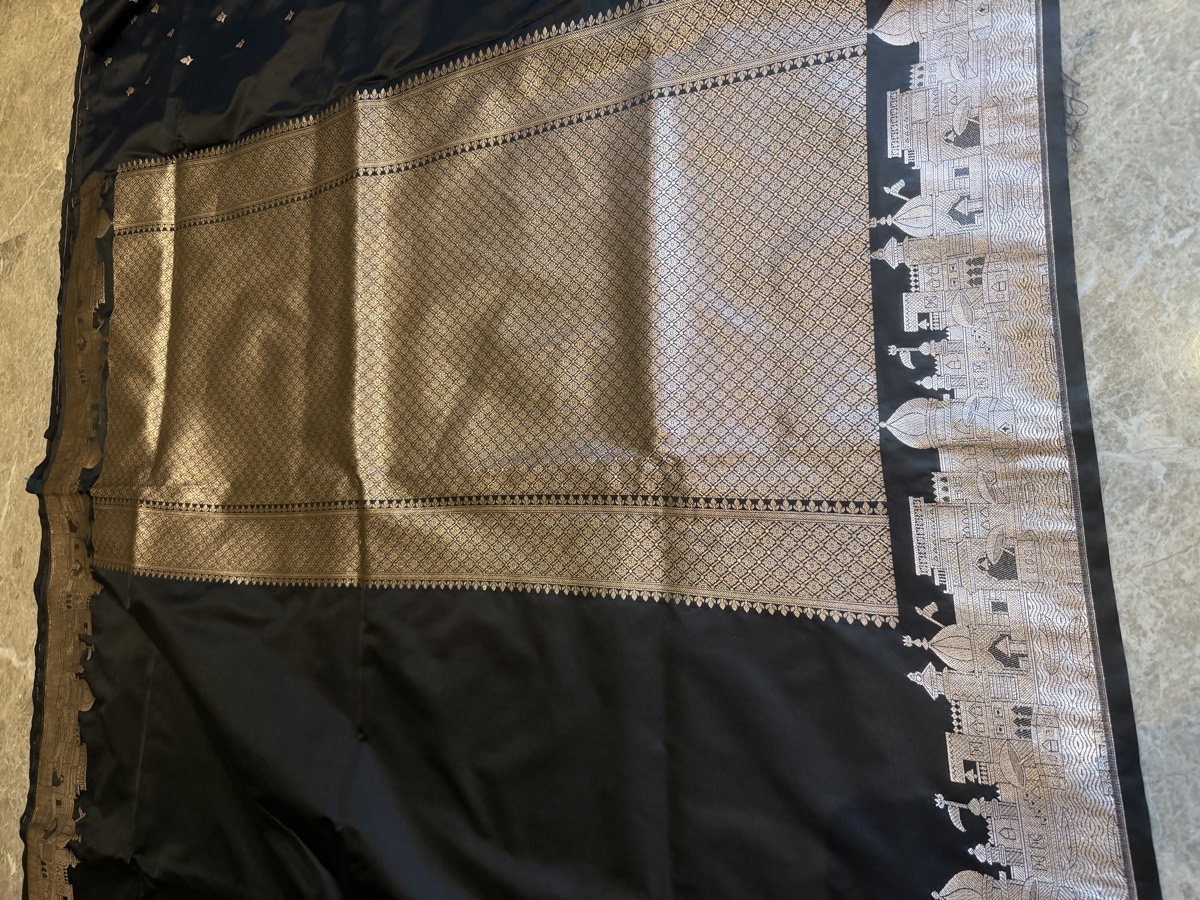 Black Mushroo Silk Banarasi Saree — Kashi Assi 80 Ghat — Banarasi, Mushroo Silk, Varanasi, Uttar Pradesh, view 8