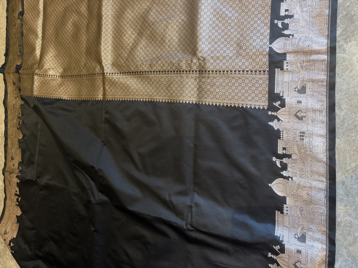 Black Mushroo Silk Banarasi Saree — Kashi Assi 80 Ghat — Banarasi, Mushroo Silk, Varanasi, Uttar Pradesh, view 9