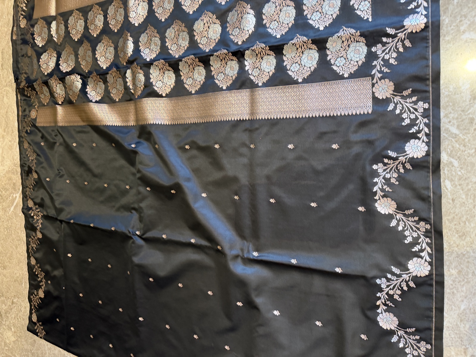 Black Mushroo Silk Banarasi Saree with Heavy Zari Blouse — Banarasi, Mushroo Silk, Varanasi, Uttar Pradesh, view 6