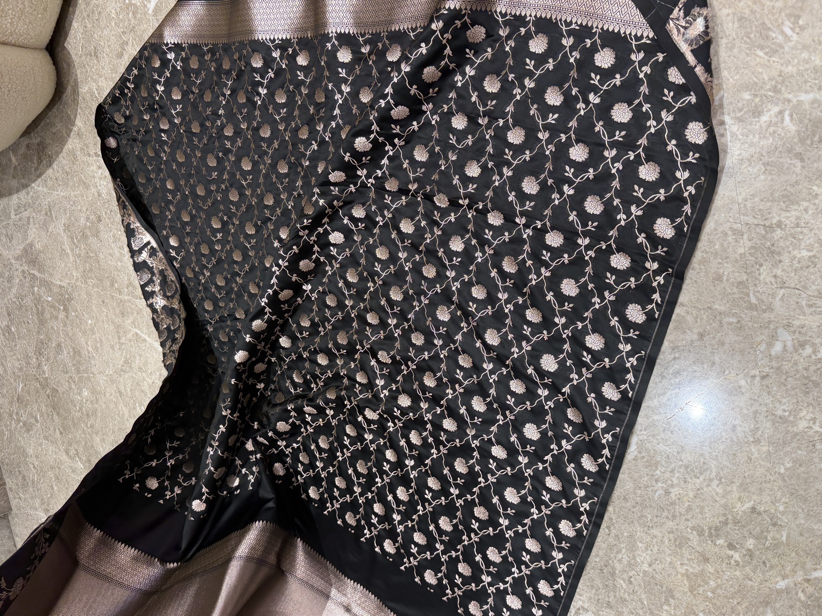Black Mushroo Silk Banarasi Saree with Heavy Zari Blouse — Banarasi, Mushroo Silk, Varanasi, Uttar Pradesh, view 9