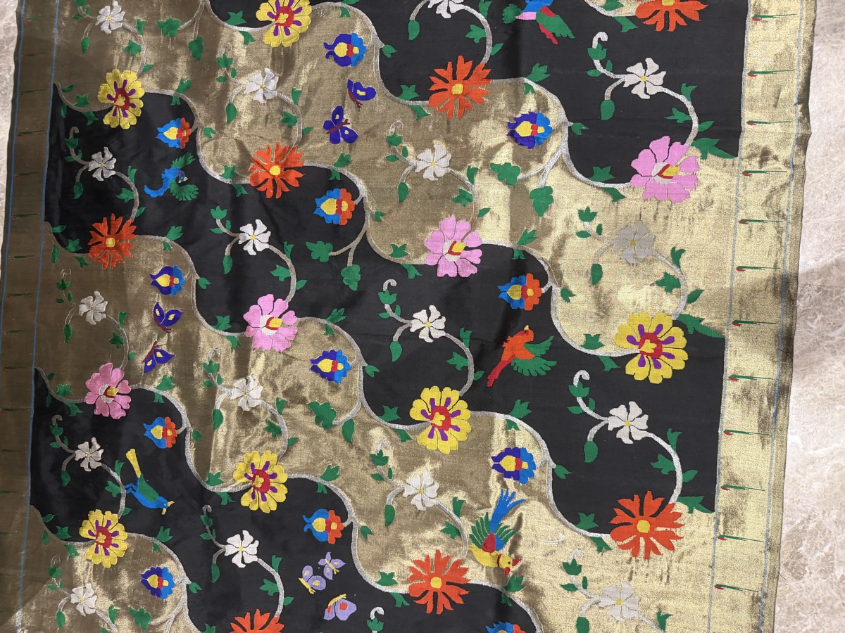 Black Silk Brocade Sona Rupa Zari Jamdani Paithani Saree — Paithani, Pure Silk, Paithan, Maharashtra, view 13