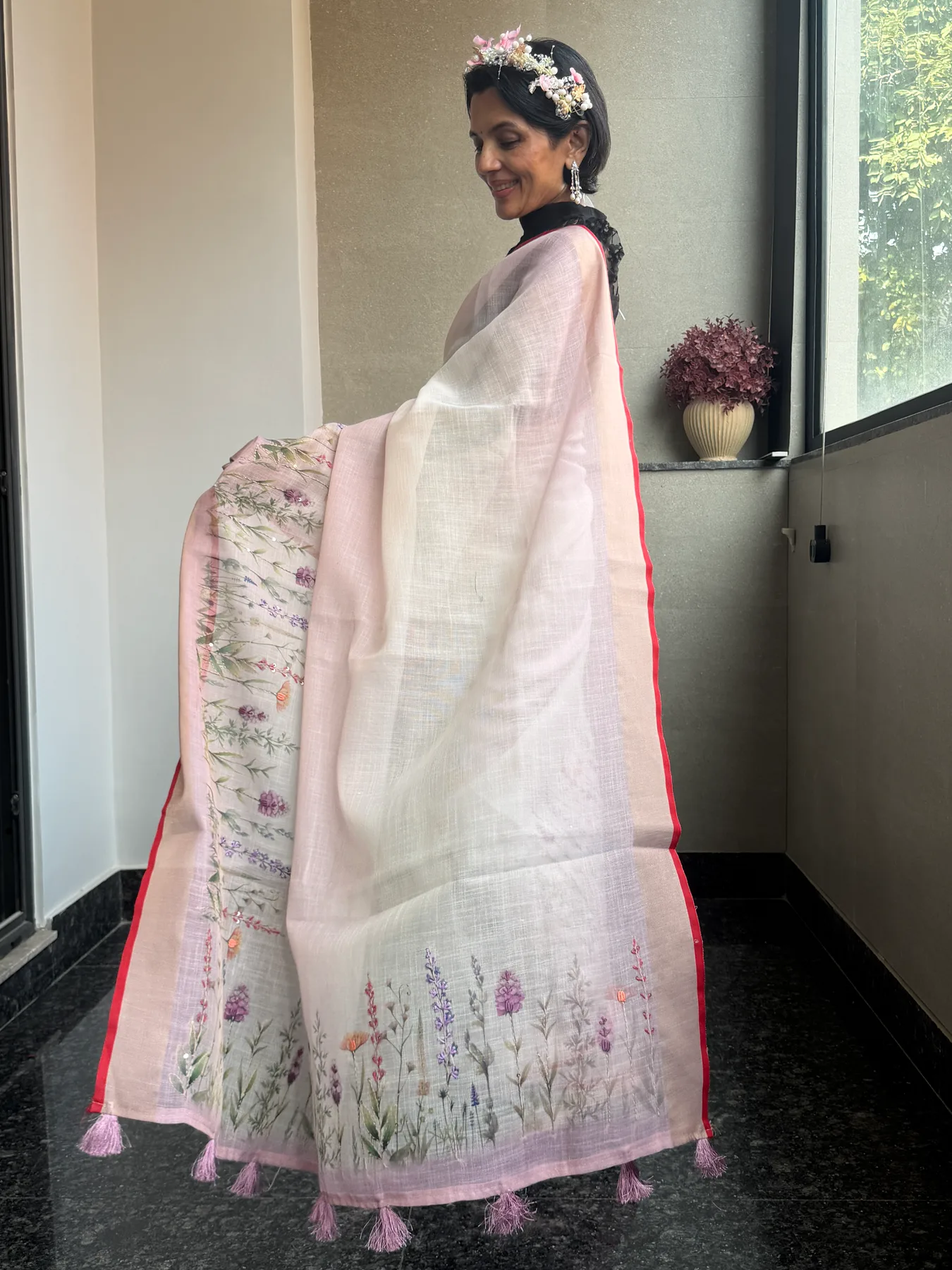 Blush and Ivory Ombré Linen Hand-Painted and Hand-Embroidered Saree — Banarasi, Linen, view 7