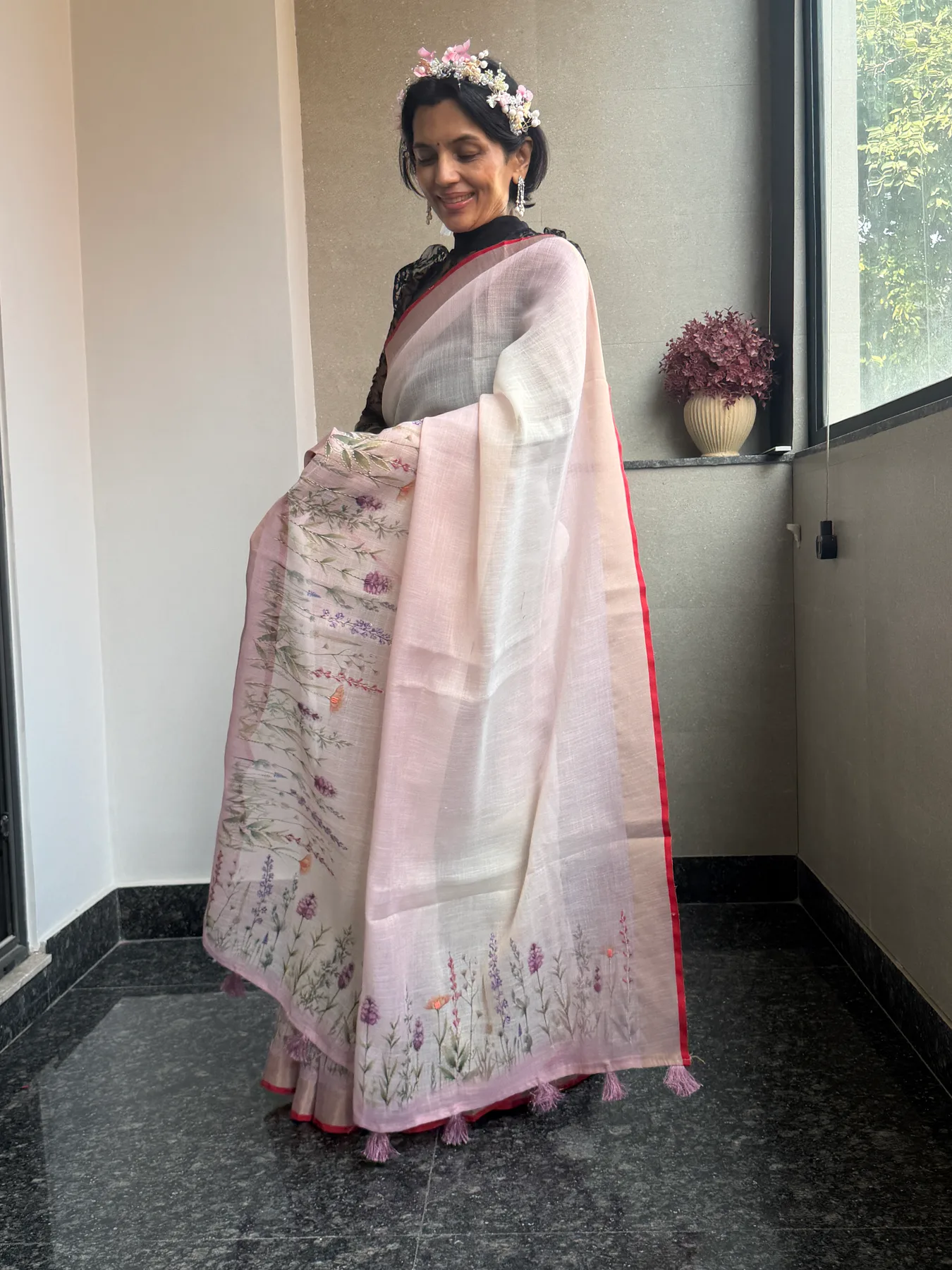 Blush and Ivory Ombré Linen Hand-Painted and Hand-Embroidered Saree — Banarasi, Linen, view 6