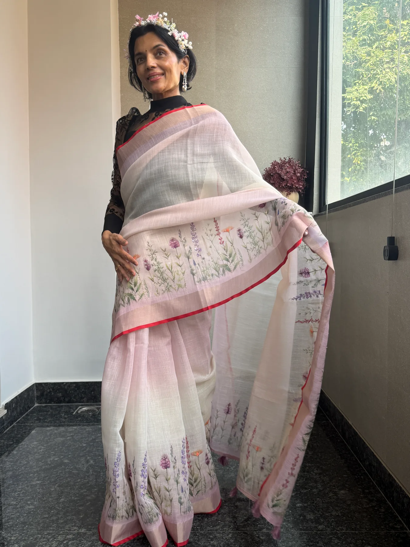 Blush and Ivory Ombré Linen Hand-Painted and Hand-Embroidered Saree — Banarasi, Linen