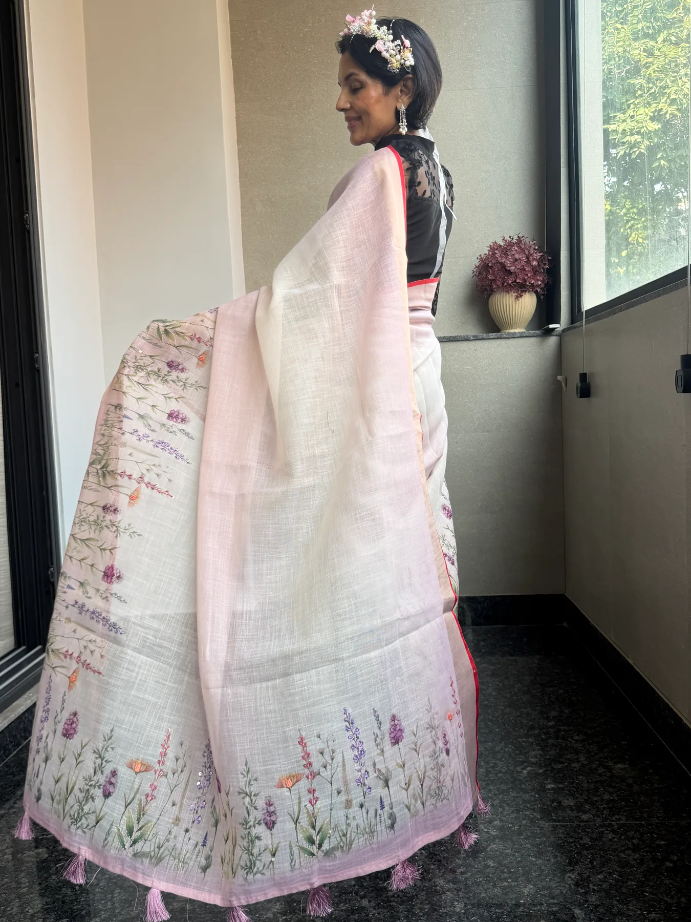 Blush and Ivory Ombré Linen Hand-Painted and Hand-Embroidered Saree — Banarasi, Linen, view 8