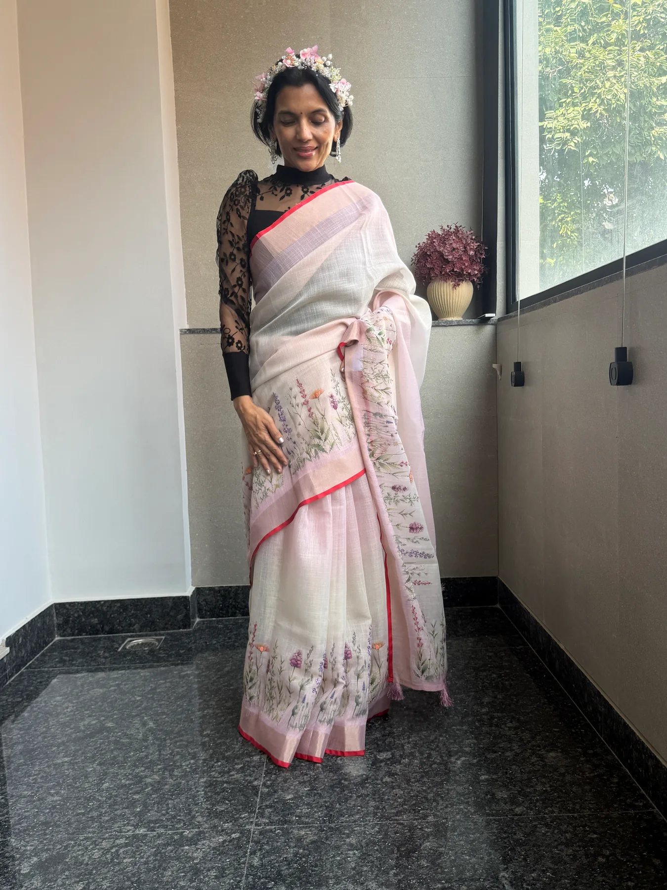 Blush and Ivory Ombré Linen Hand-Painted and Hand-Embroidered Saree — Banarasi, Linen, view 2
