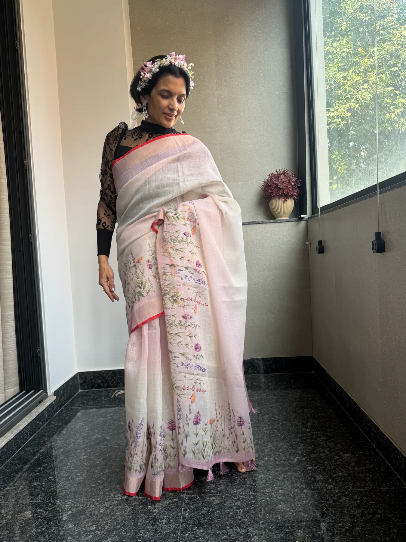 Blush and Ivory Ombré Linen Hand-Painted and Hand-Embroidered Saree — Banarasi, Linen, view 3