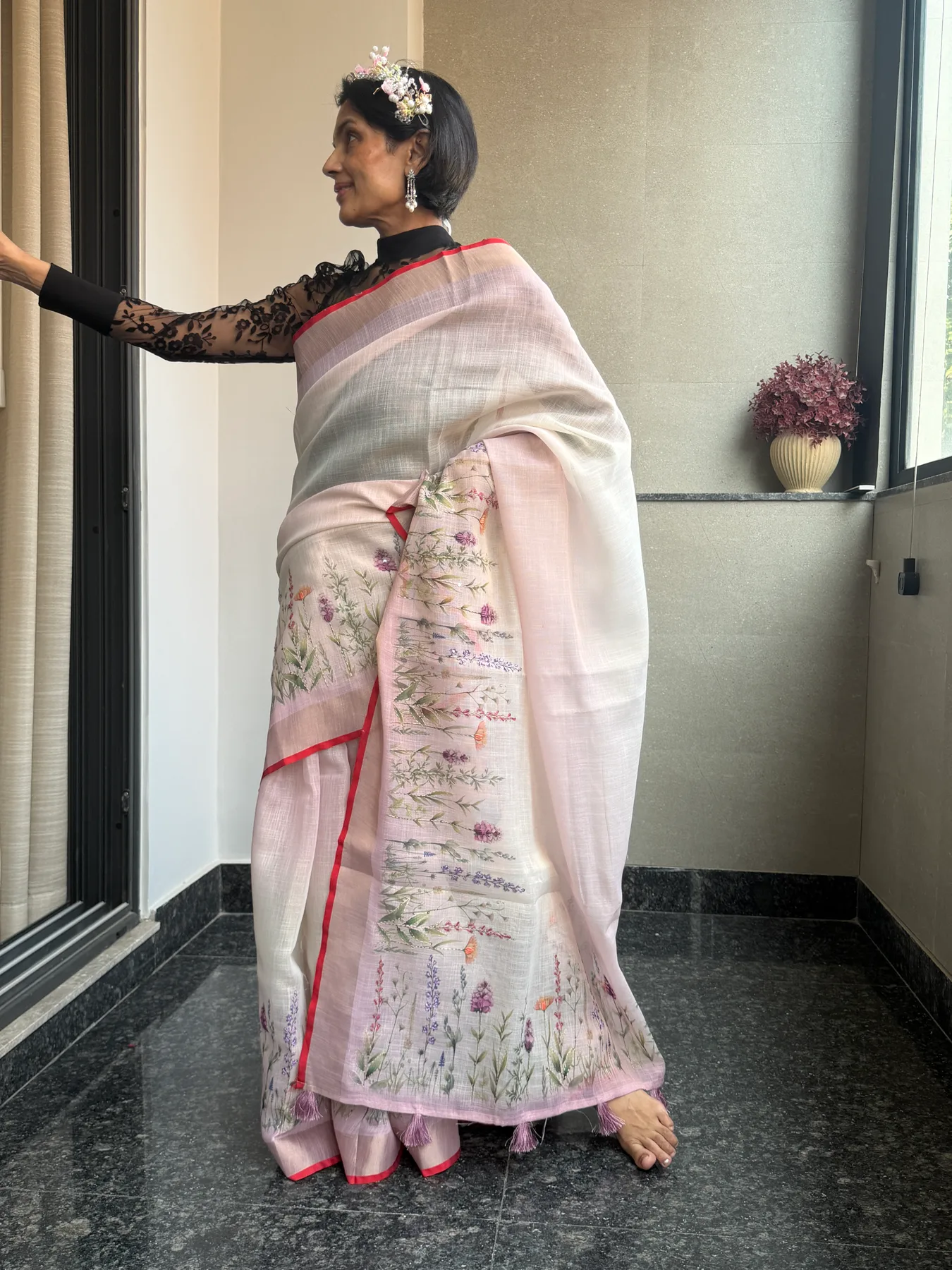Blush and Ivory Ombré Linen Hand-Painted and Hand-Embroidered Saree — Banarasi, Linen, view 4