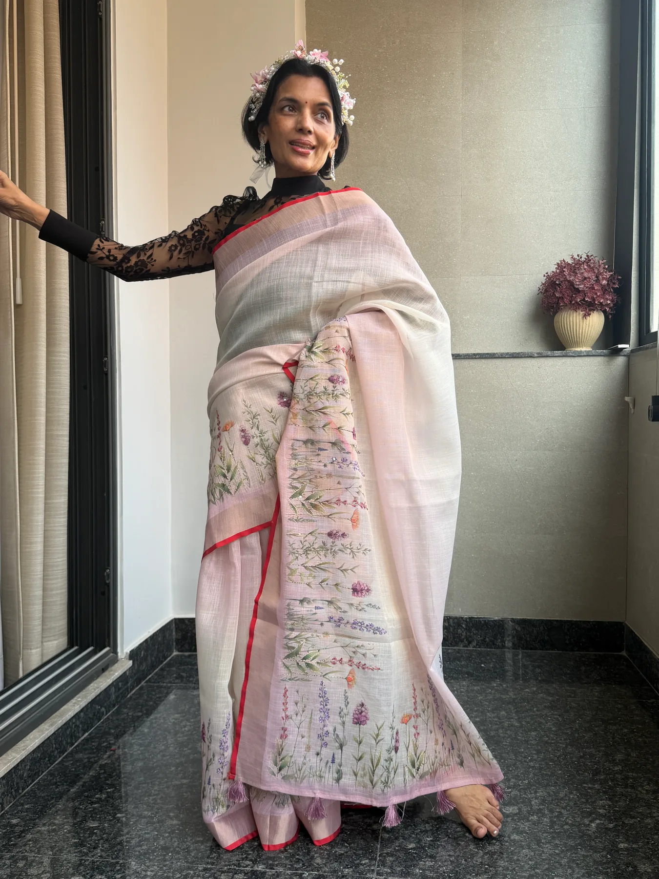 Blush and Ivory Ombré Linen Hand-Painted and Hand-Embroidered Saree — Banarasi, Linen, view 5